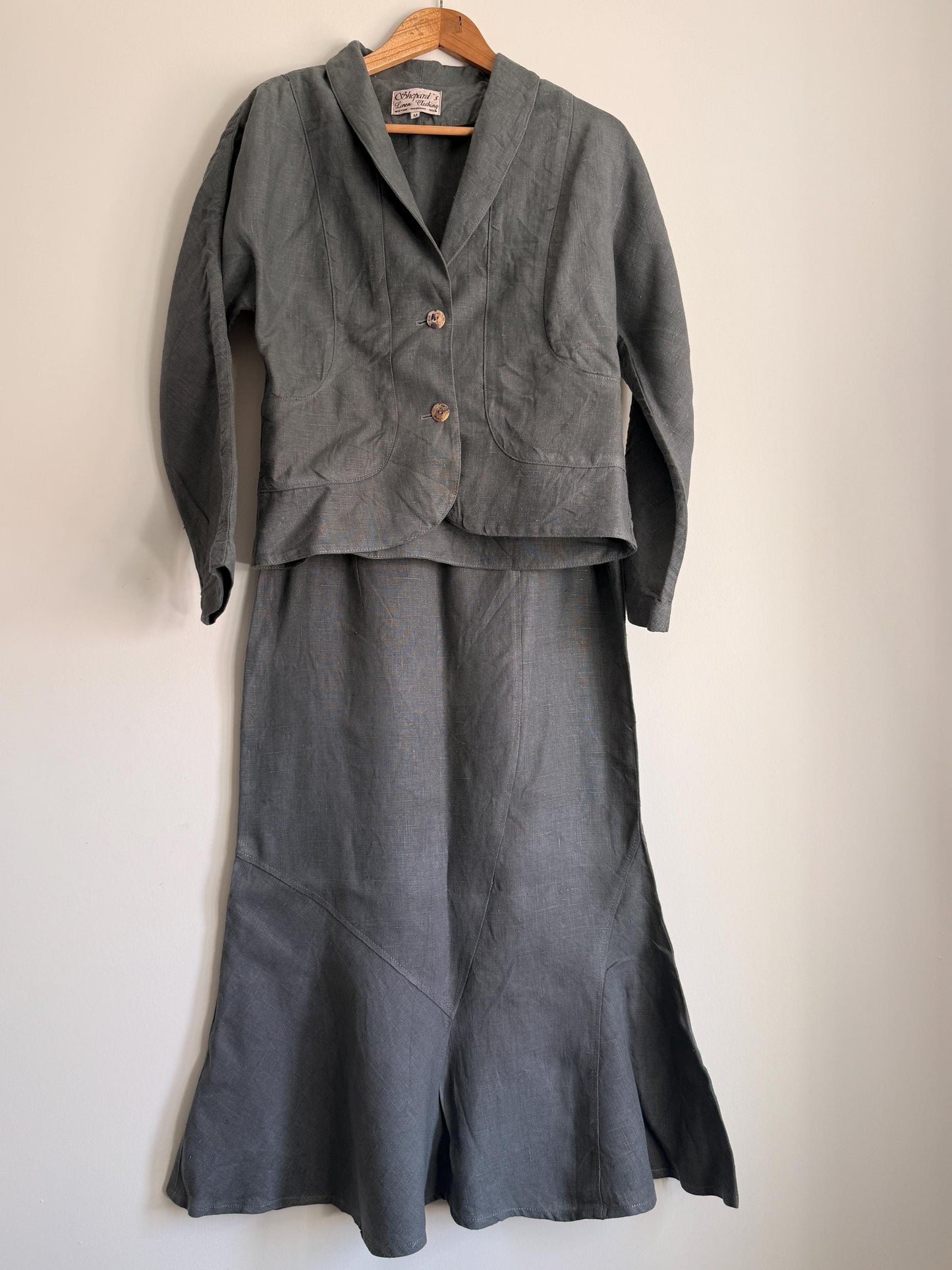 Vintage Linen Skirt Suit UK 10-12 | Shepard's Linen Clothing | 2 Piece Grey Linen Set | Minimalist Jacket & Maxi Skirt | Cottagecore