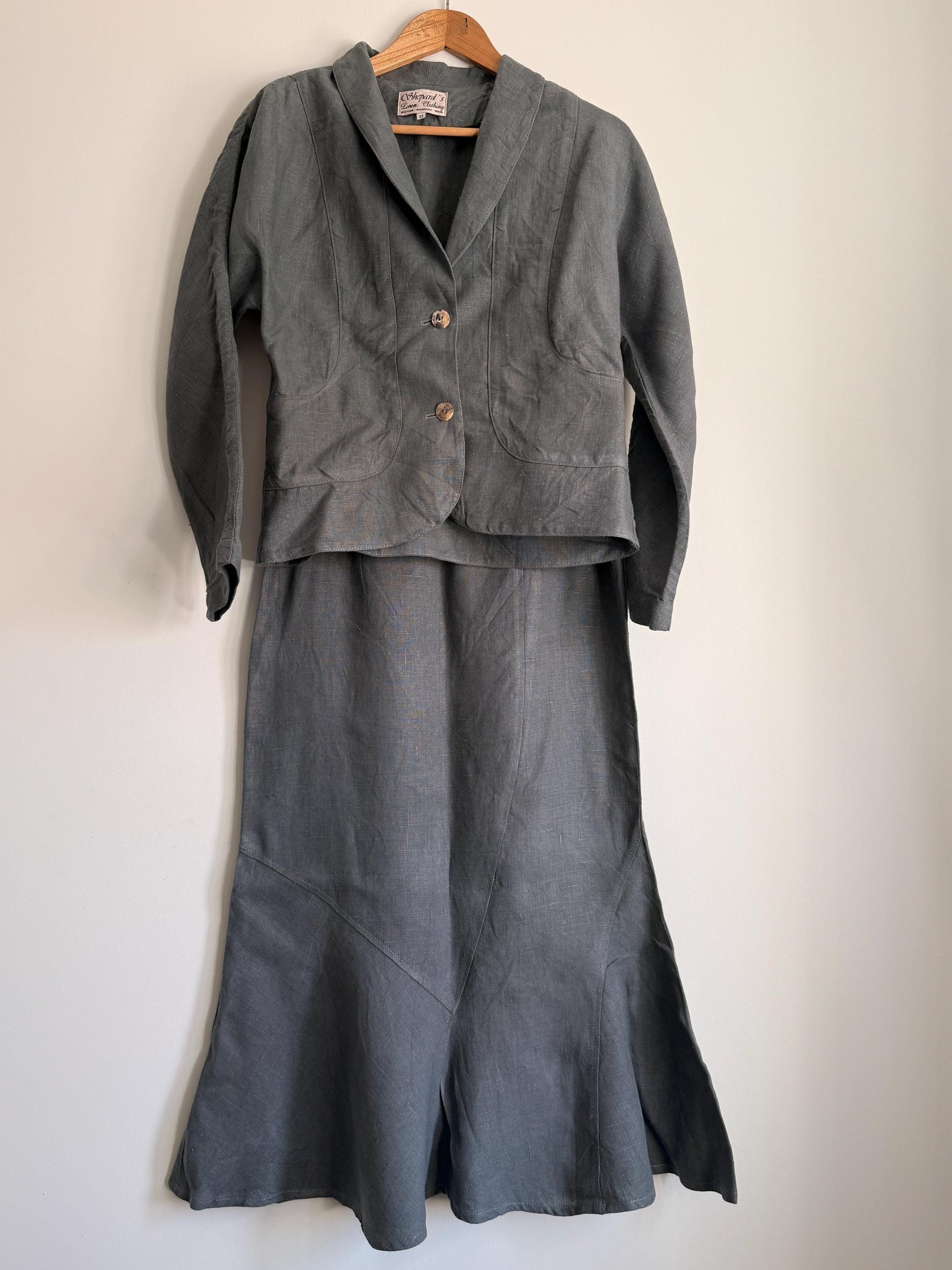 Vintage Linen Skirt Suit UK 10-12 | Shepard's Linen Clothing | 2 Piece Grey Linen Set | Minimalist Jacket & Maxi Skirt | Cottagecore