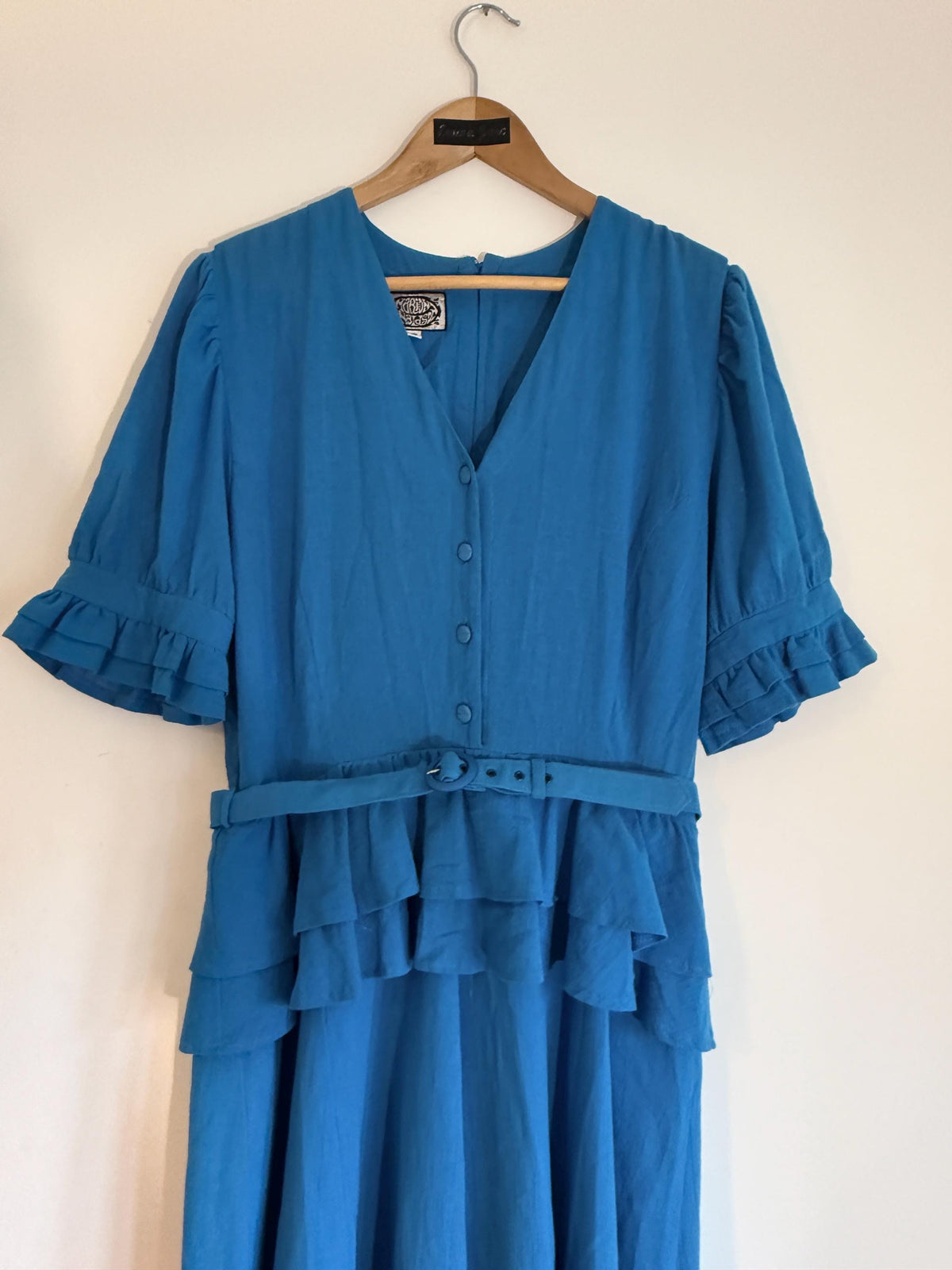 Vintage Marion Donaldson Blue Maxi Dress | 1970s–80s Ruffle Dress | Belted Size 12