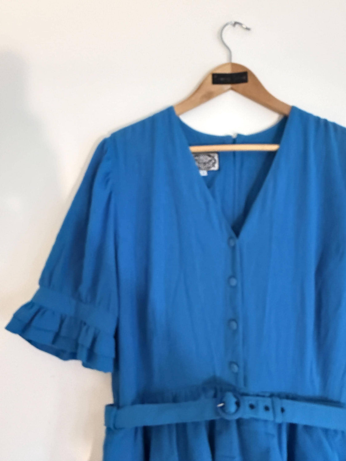 Vintage Marion Donaldson Blue Maxi Dress | 1970s–80s Ruffle Dress | Belted Size 12