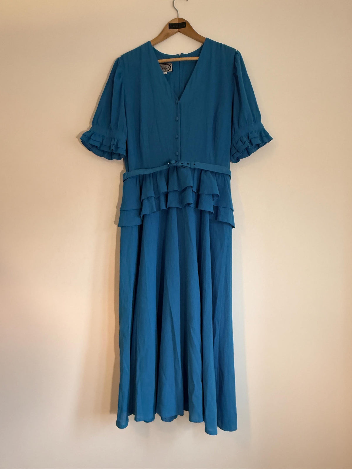 Vintage Marion Donaldson Blue Maxi Dress | 1970s–80s Ruffle Dress | Belted Size 12