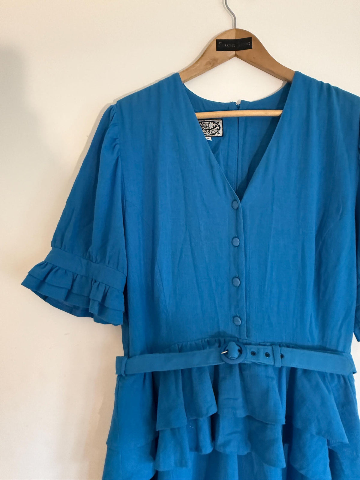 Vintage Marion Donaldson Blue Maxi Dress | 1970s–80s Ruffle Dress | Belted Size 12