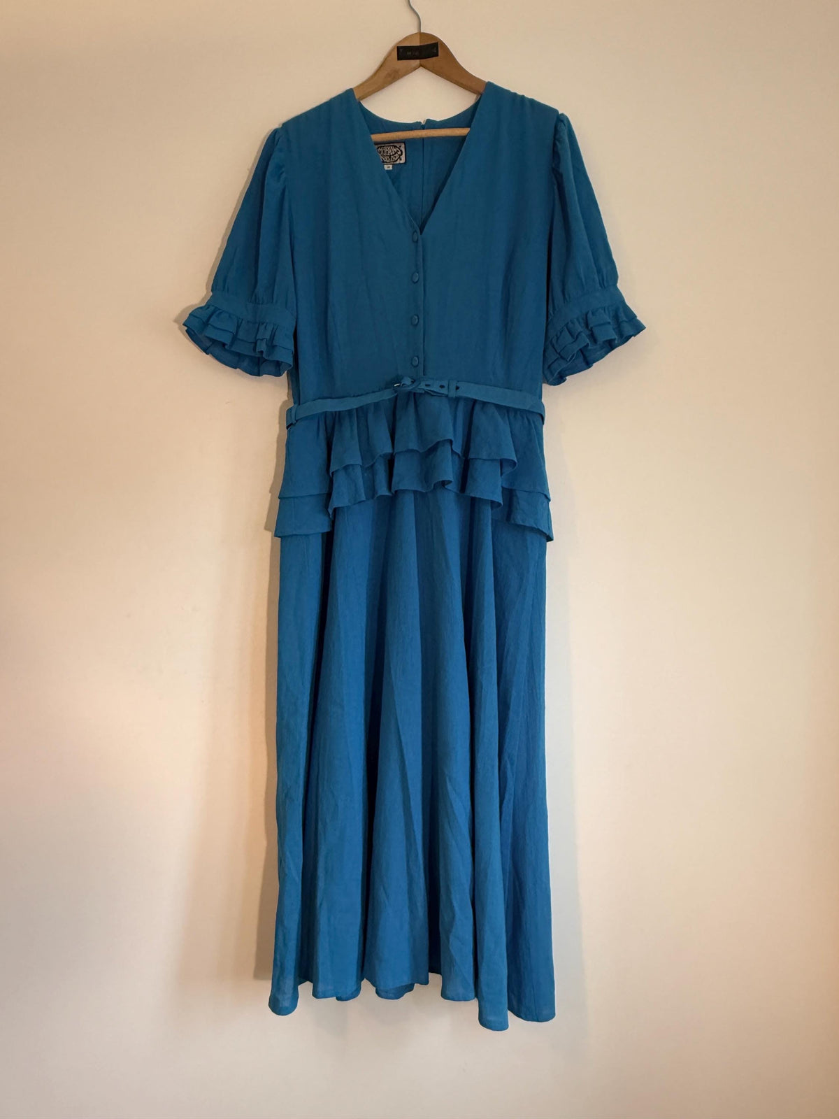 Vintage Marion Donaldson Blue Maxi Dress | 1970s–80s Ruffle Dress | Belted Size 12