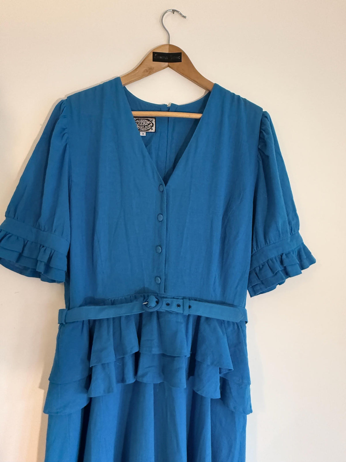 Vintage Marion Donaldson Blue Maxi Dress | 1970s–80s Ruffle Dress | Belted Size 12