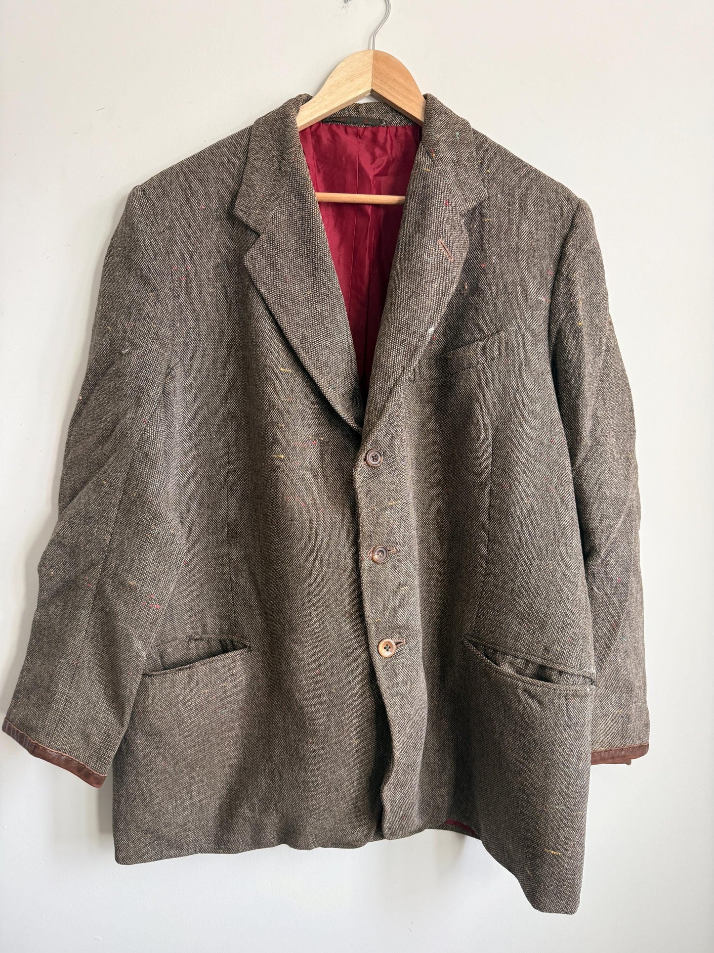 Vintage Men’s Donegal Style Fleck Tweed Sports Jacket Brown Wool Blazer Leather Trim Country Jacket