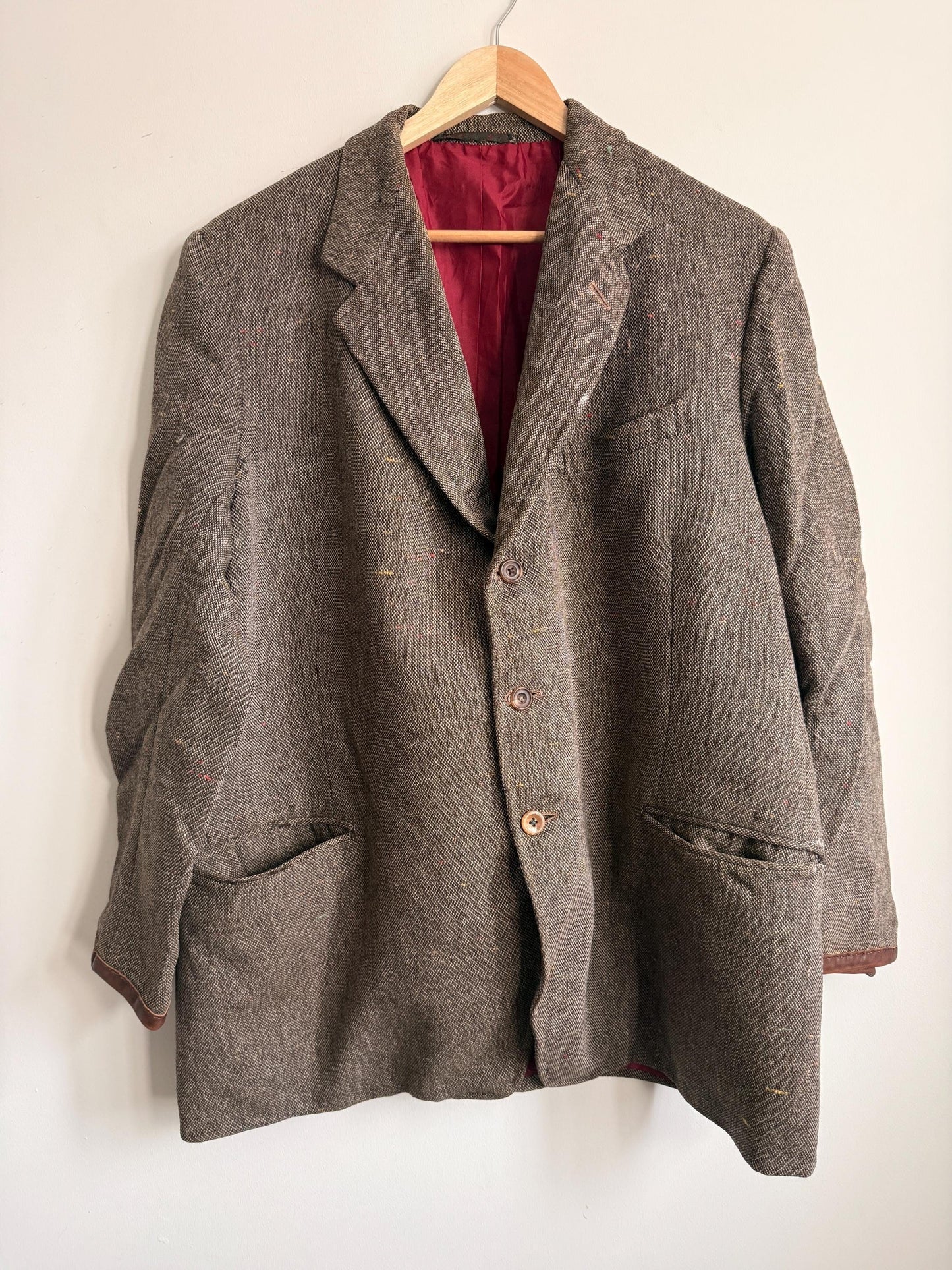 Vintage Men’s Donegal Style Fleck Tweed Sports Jacket Brown Wool Blazer Leather Trim Country Jacket