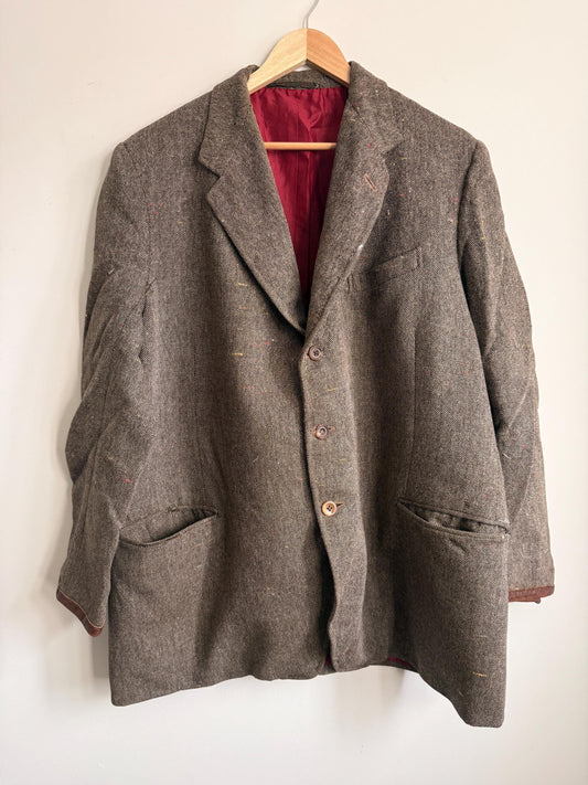 Vintage Men’s Donegal Style Fleck Tweed Sports Jacket Brown Wool Blazer Leather Trim Country Jacket