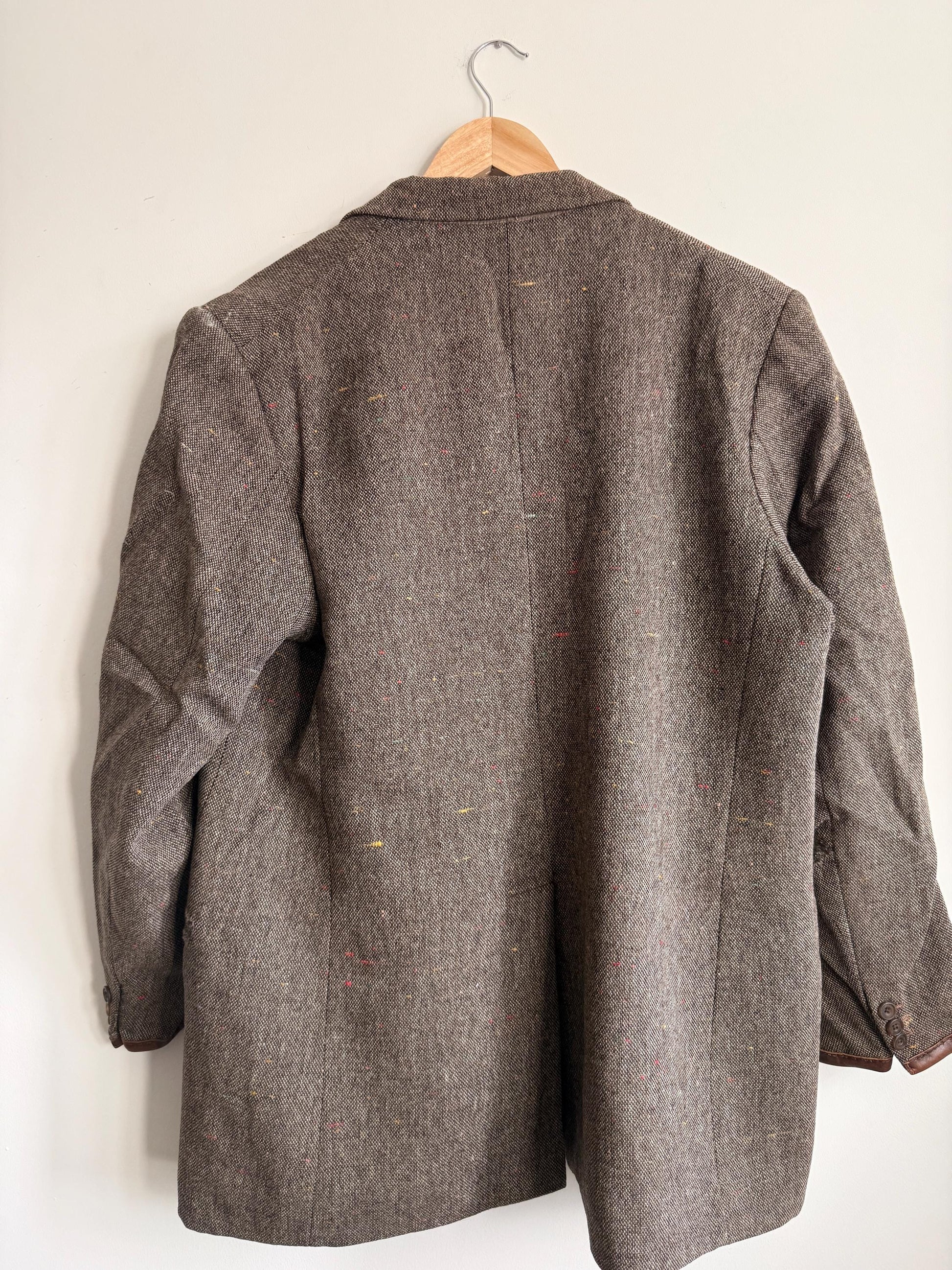 Vintage Men’s Donegal Style Fleck Tweed Sports Jacket Brown Wool Blazer Leather Trim Country Jacket