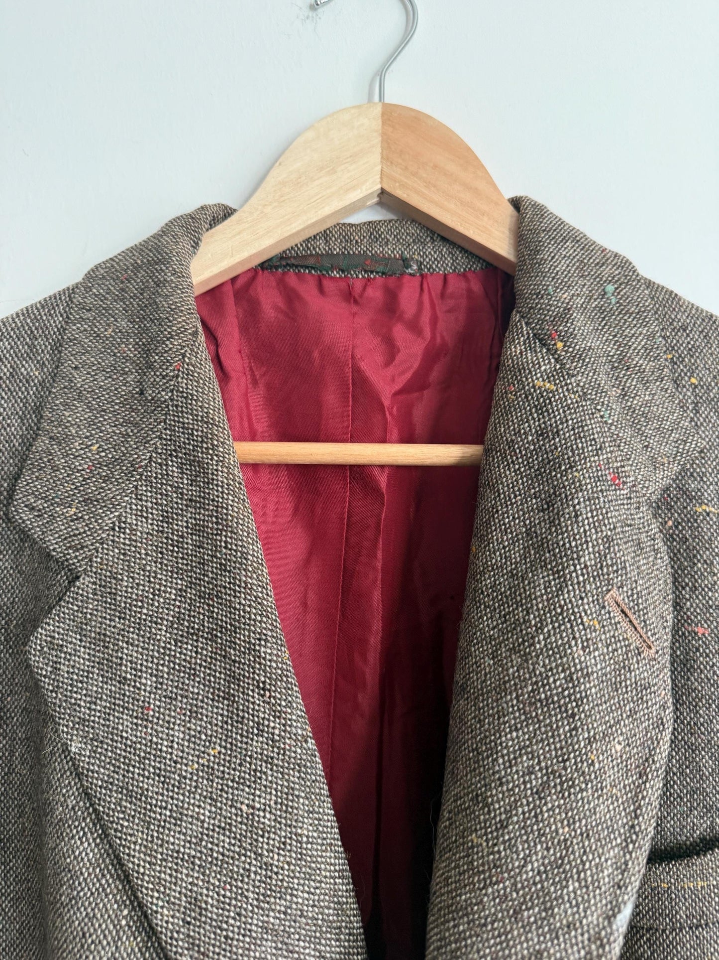 Vintage Men’s Donegal Style Fleck Tweed Sports Jacket Brown Wool Blazer Leather Trim Country Jacket