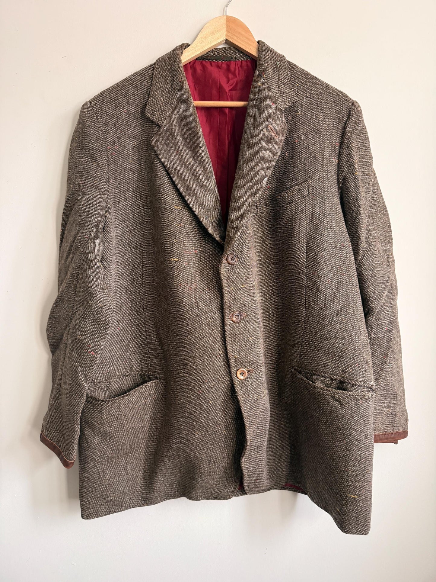 Vintage Men’s Donegal Style Fleck Tweed Sports Jacket Brown Wool Blazer Leather Trim Country Jacket