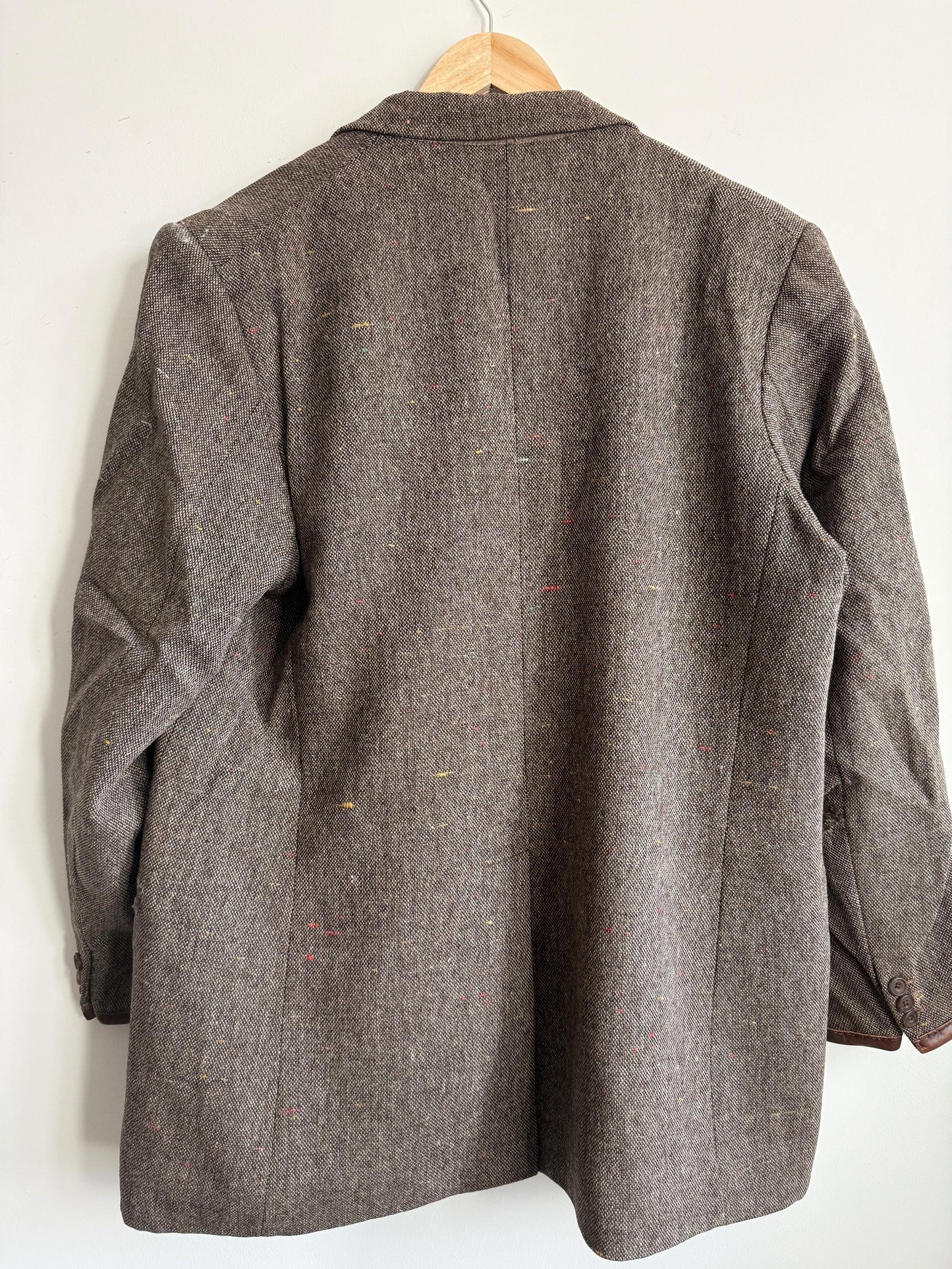 Vintage Men’s Donegal Style Fleck Tweed Sports Jacket Brown Wool Blazer Leather Trim Country Jacket