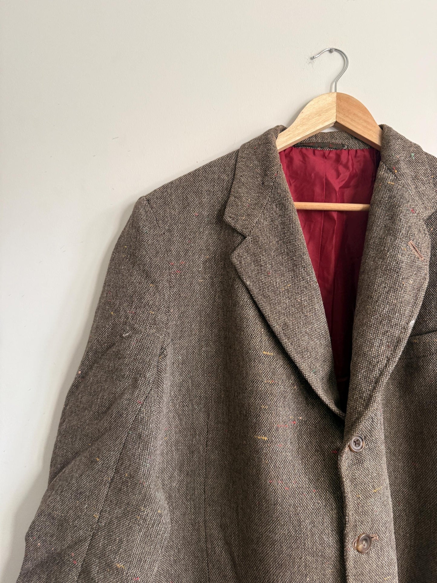 Vintage Men’s Donegal Style Fleck Tweed Sports Jacket Brown Wool Blazer Leather Trim Country Jacket