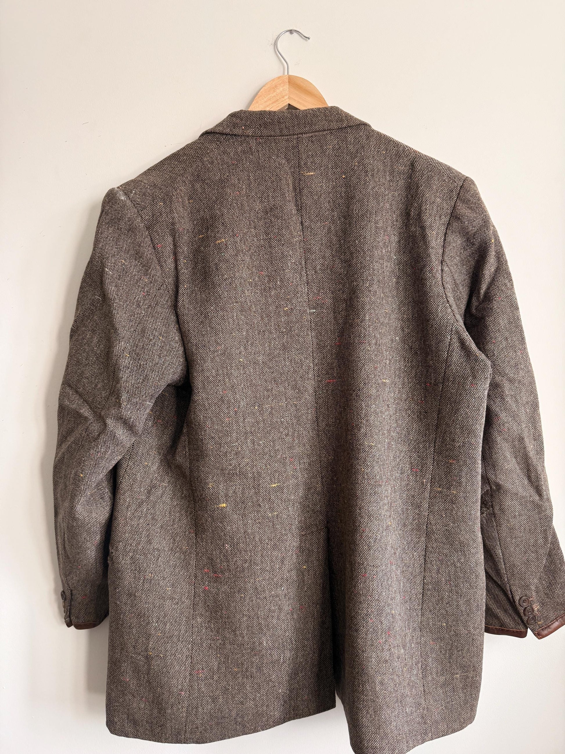 Vintage Men’s Donegal Style Fleck Tweed Sports Jacket Brown Wool Blazer Leather Trim Country Jacket
