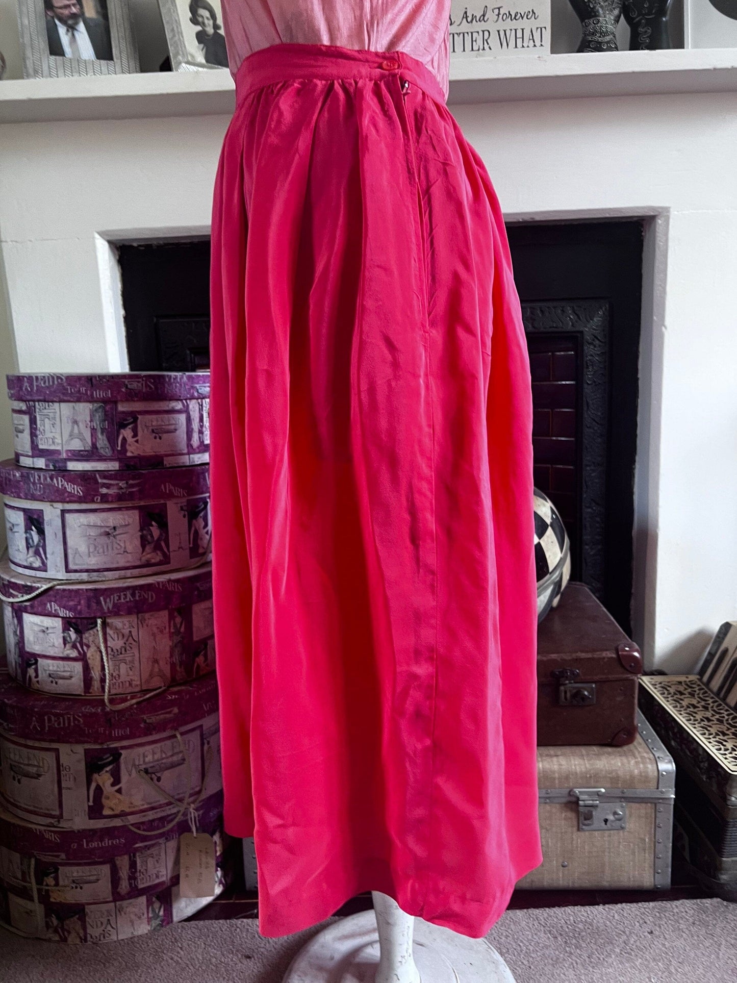 Vintage Midi Length Coral Silk Skirt UK 12/14 fabulous sheer silk midi length silk skirt, peach bright coral silk