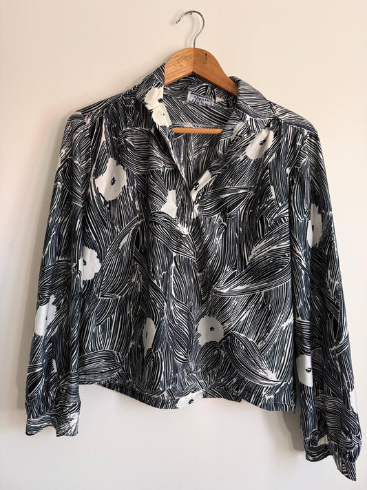 Vintage Monochrome Leaf Print Blouse | Abstract Botanical Shirt | 90s Black White Blouse | UK 14