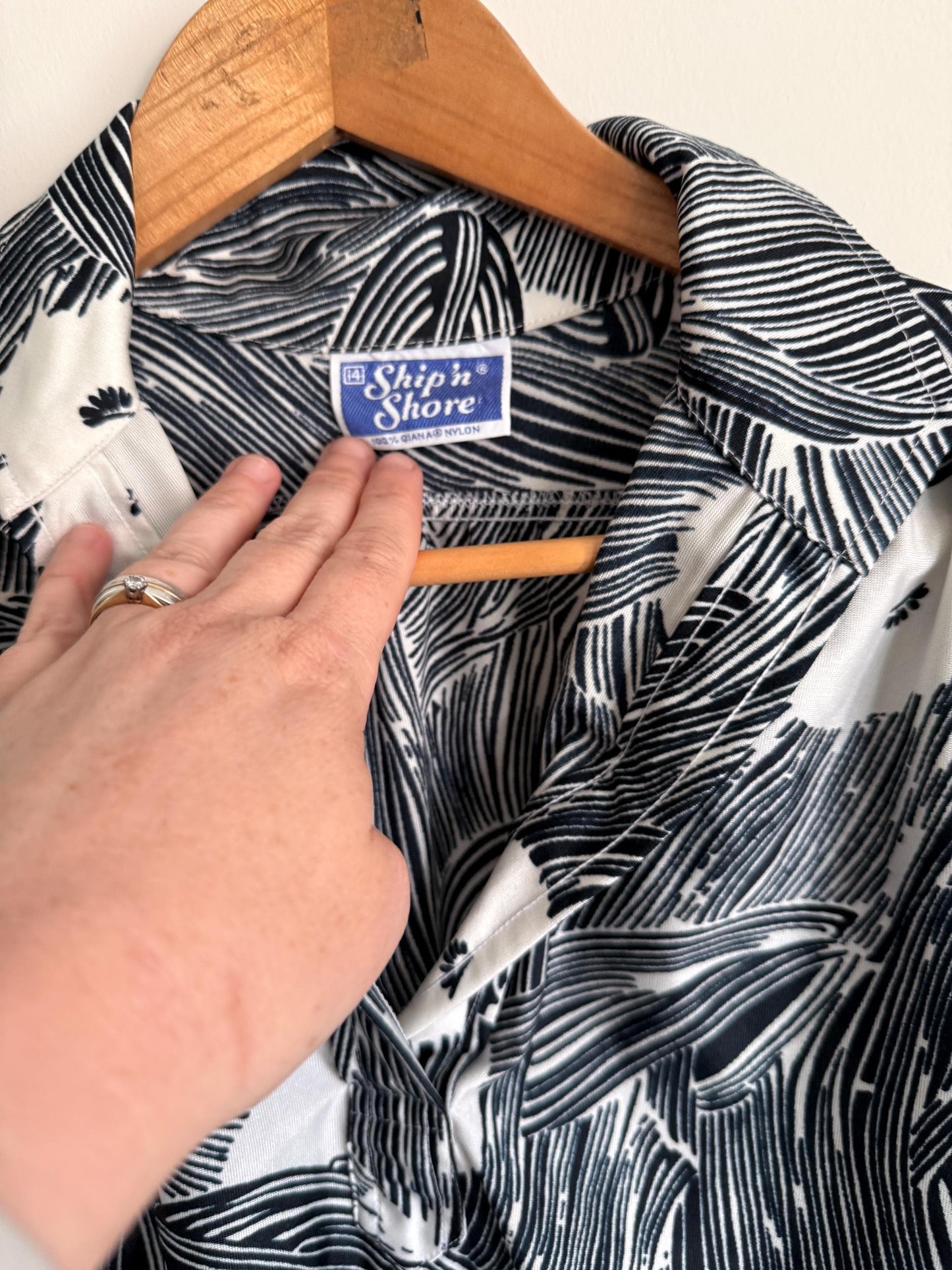 Vintage Monochrome Leaf Print Blouse | Abstract Botanical Shirt | 90s Black White Blouse | UK 14
