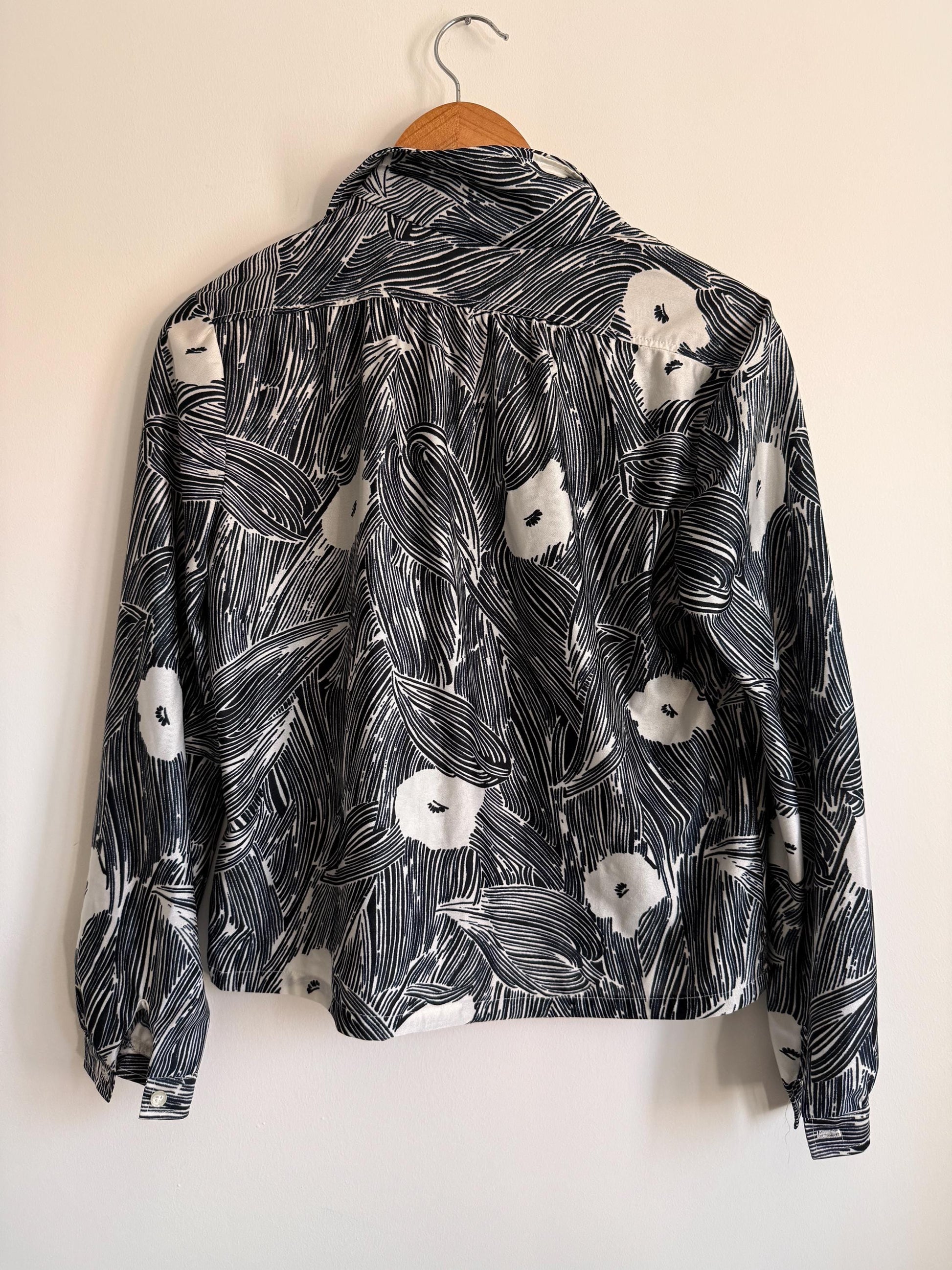 Vintage Monochrome Leaf Print Blouse | Abstract Botanical Shirt | 90s Black White Blouse | UK 14