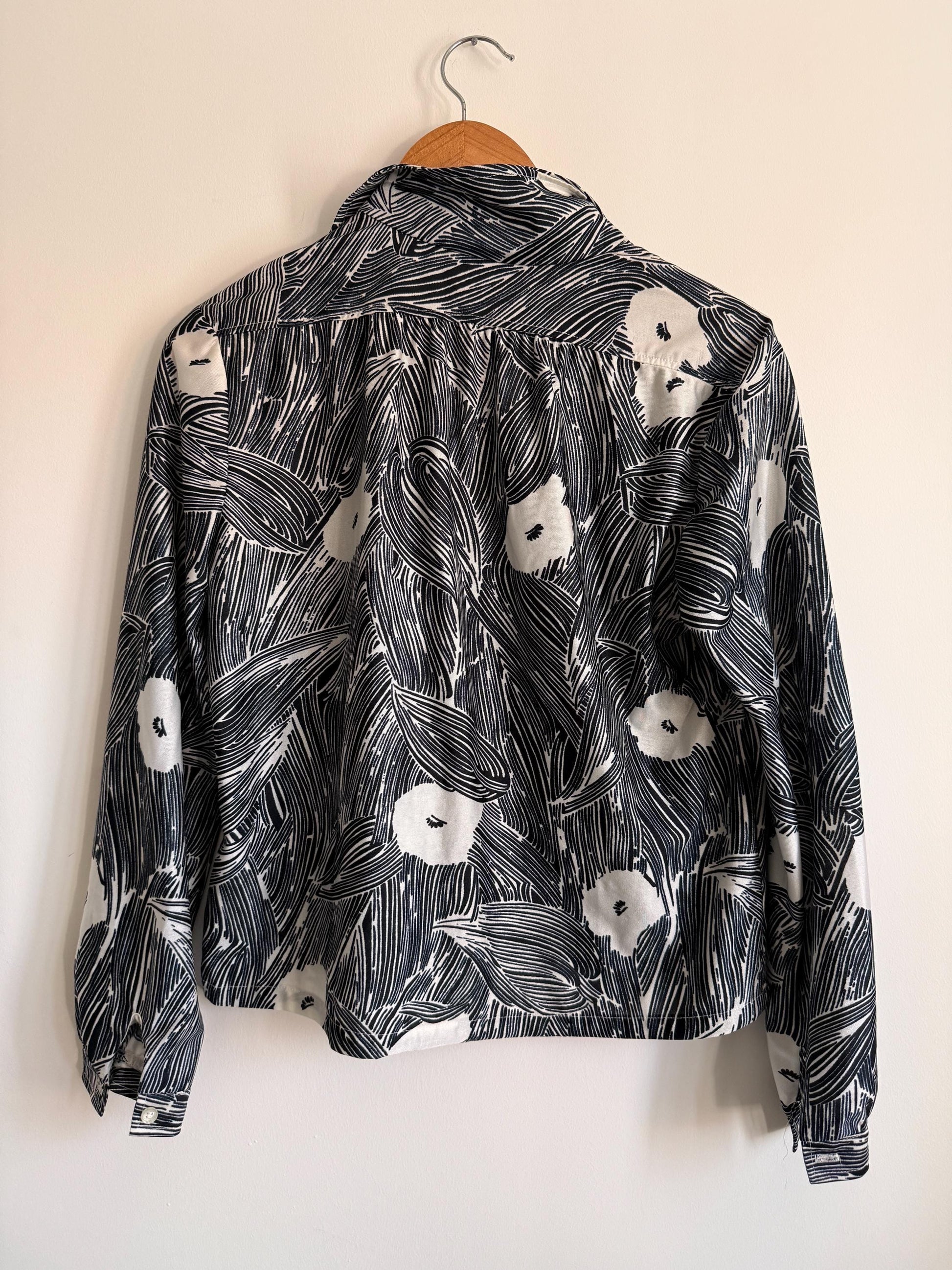 Vintage Monochrome Leaf Print Blouse | Abstract Botanical Shirt | 90s Black White Blouse | UK 14
