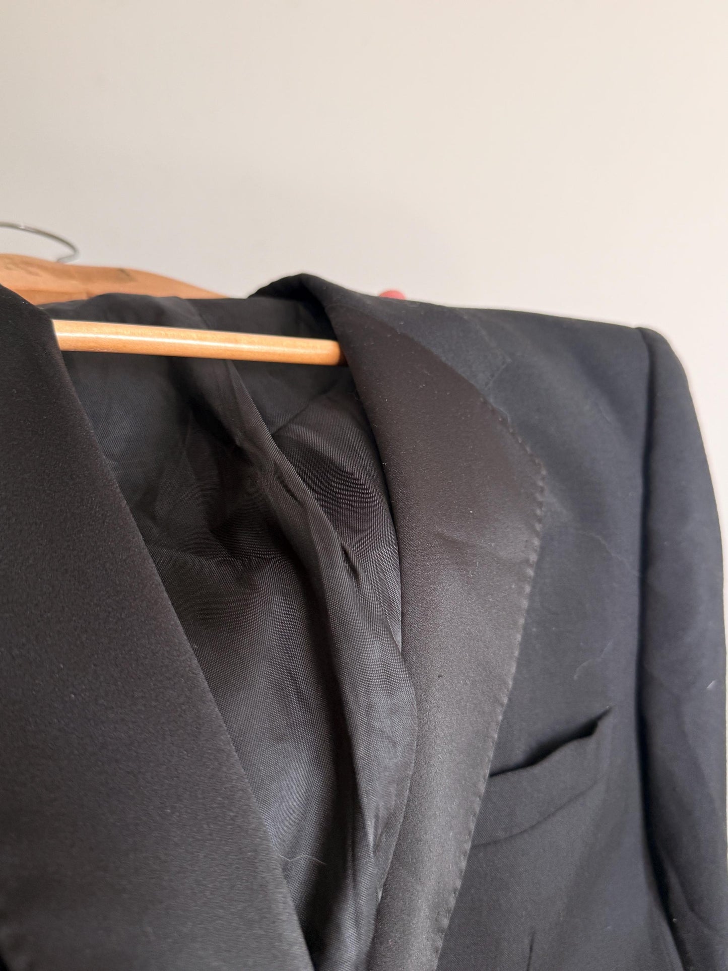 Vintage Moss Bros Covent Garden Black Dinner Jacket Wool Blend Tuxedo Satin Lapel Formal Evening Wear