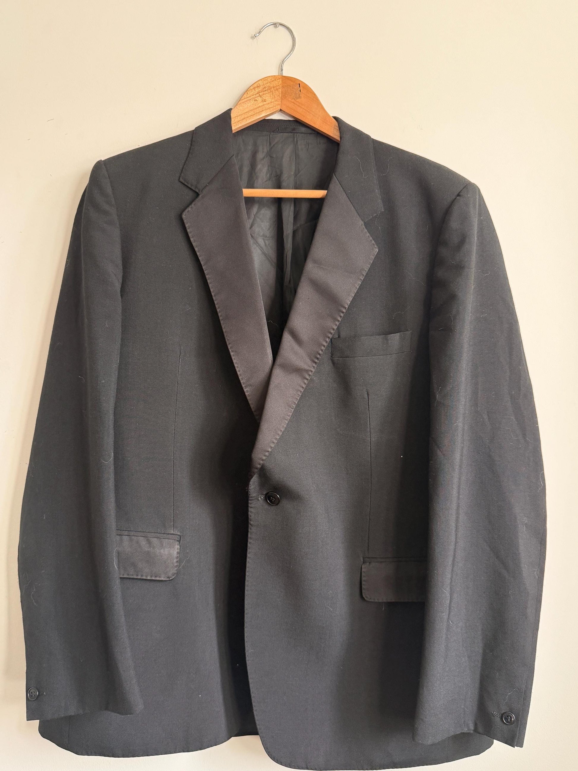 Vintage Moss Bros Covent Garden Black Dinner Jacket Wool Blend Tuxedo Satin Lapel Formal Evening Wear