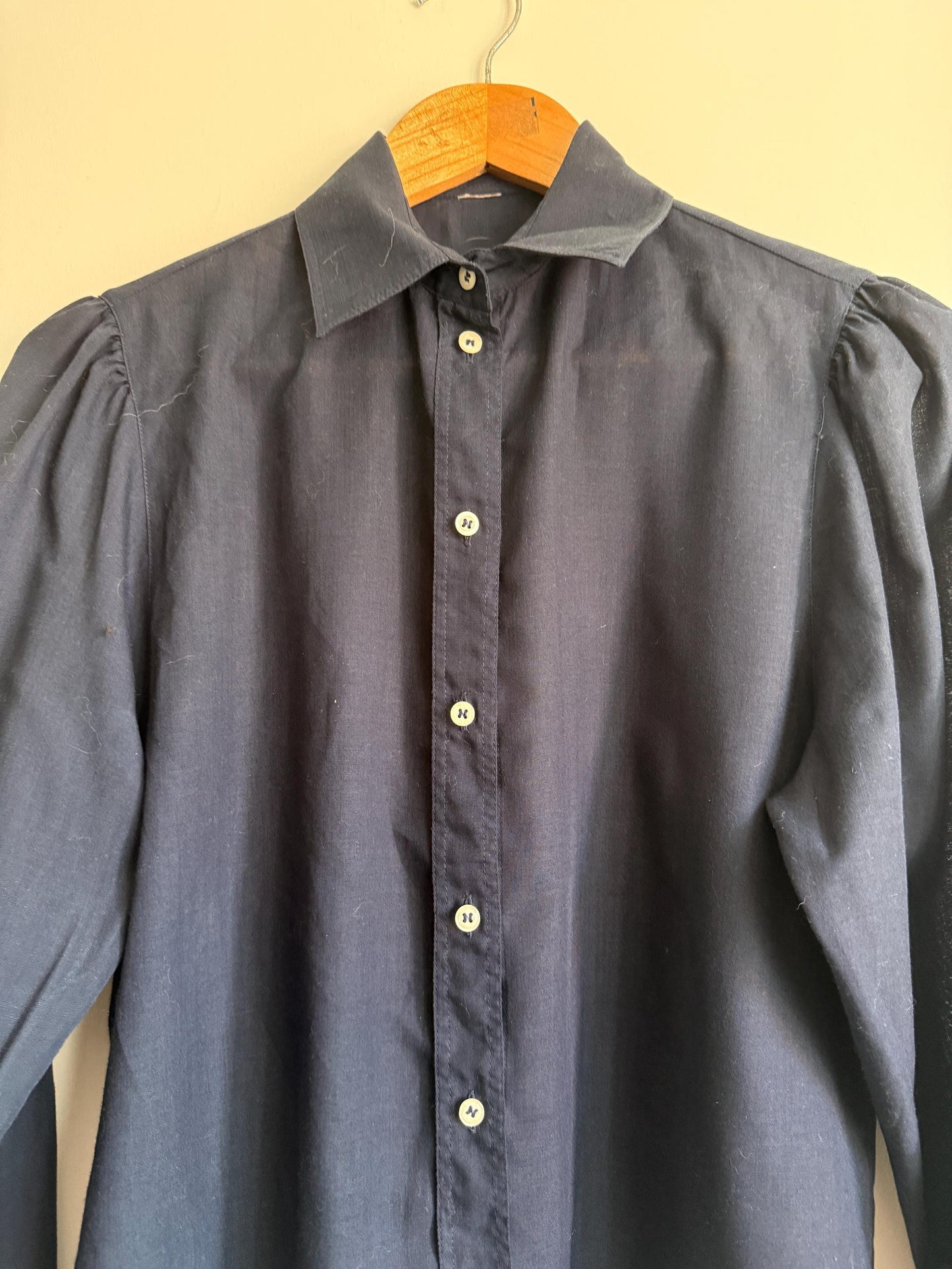 Vintage Navy Cotton Blouse | Puff Sleeve Shirt | 1980s Button Up Blouse | Peter Pan Style Collar | Smart Vintage Shirt