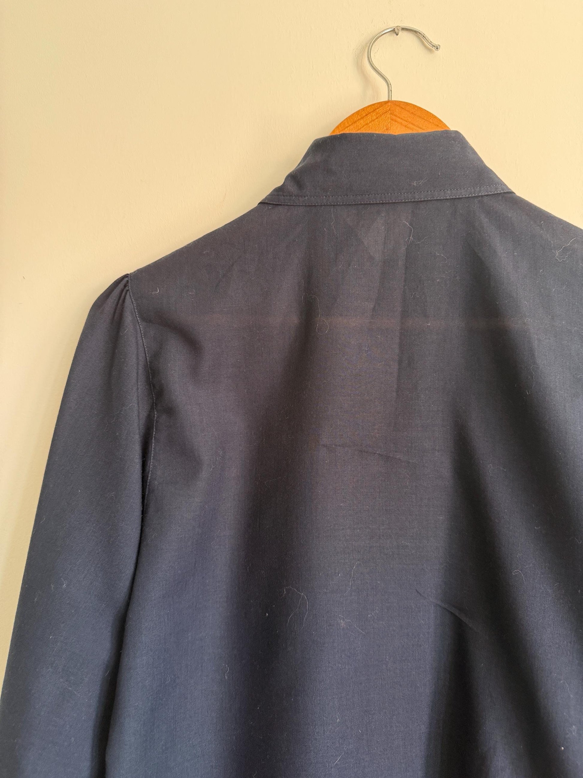 Vintage Navy Cotton Blouse | Puff Sleeve Shirt | 1980s Button Up Blouse | Peter Pan Style Collar | Smart Vintage Shirt