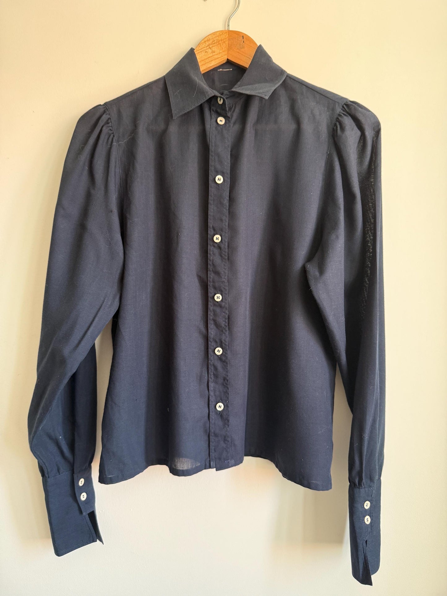 Vintage Navy Cotton Blouse | Puff Sleeve Shirt | 1980s Button Up Blouse | Peter Pan Style Collar | Smart Vintage Shirt