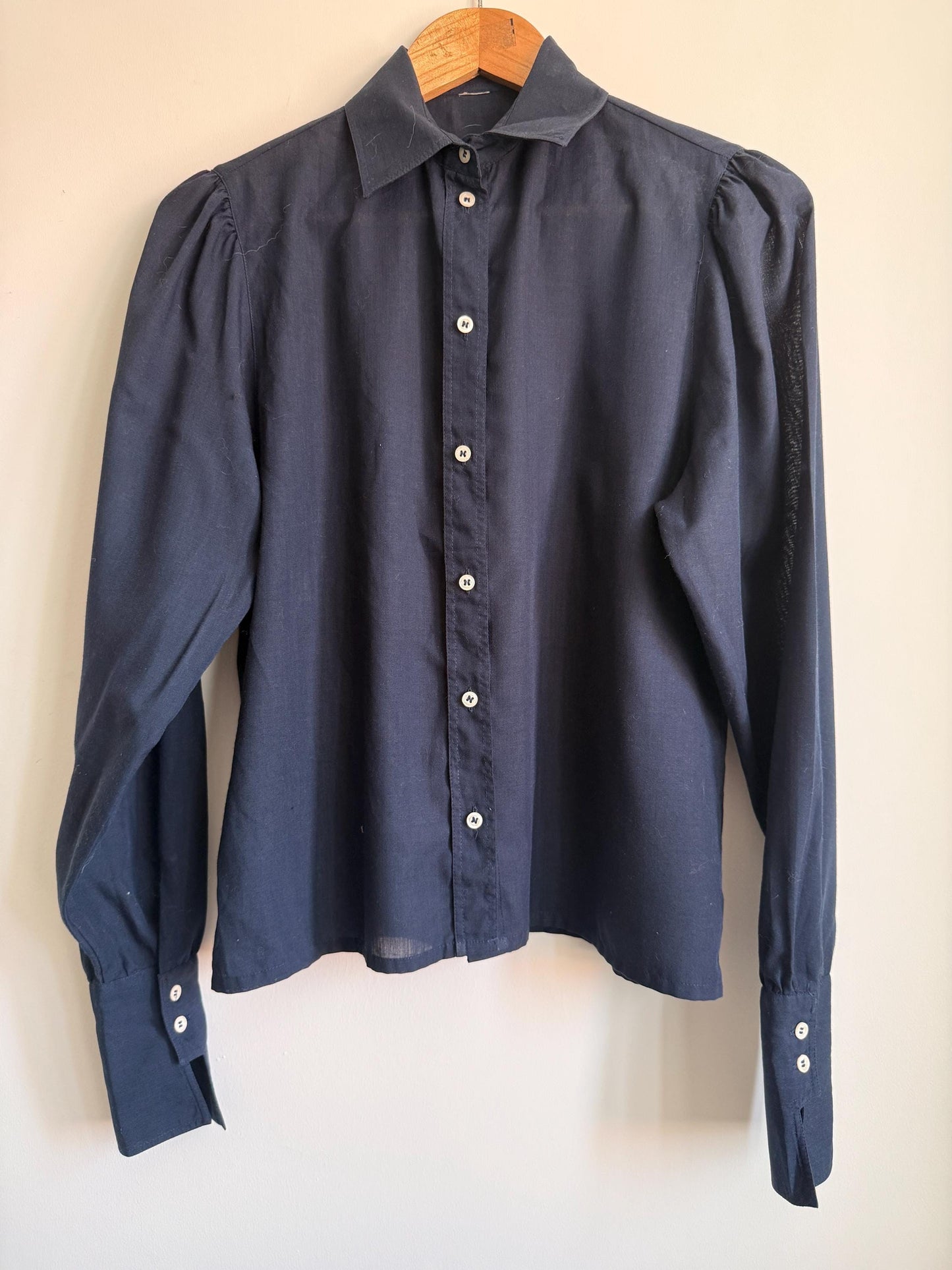Vintage Navy Cotton Blouse | Puff Sleeve Shirt | 1980s Button Up Blouse | Peter Pan Style Collar | Smart Vintage Shirt