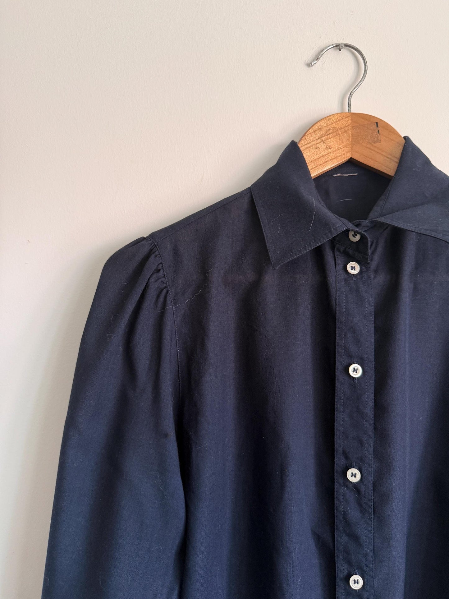 Vintage Navy Cotton Blouse | Puff Sleeve Shirt | 1980s Button Up Blouse | Peter Pan Style Collar | Smart Vintage Shirt