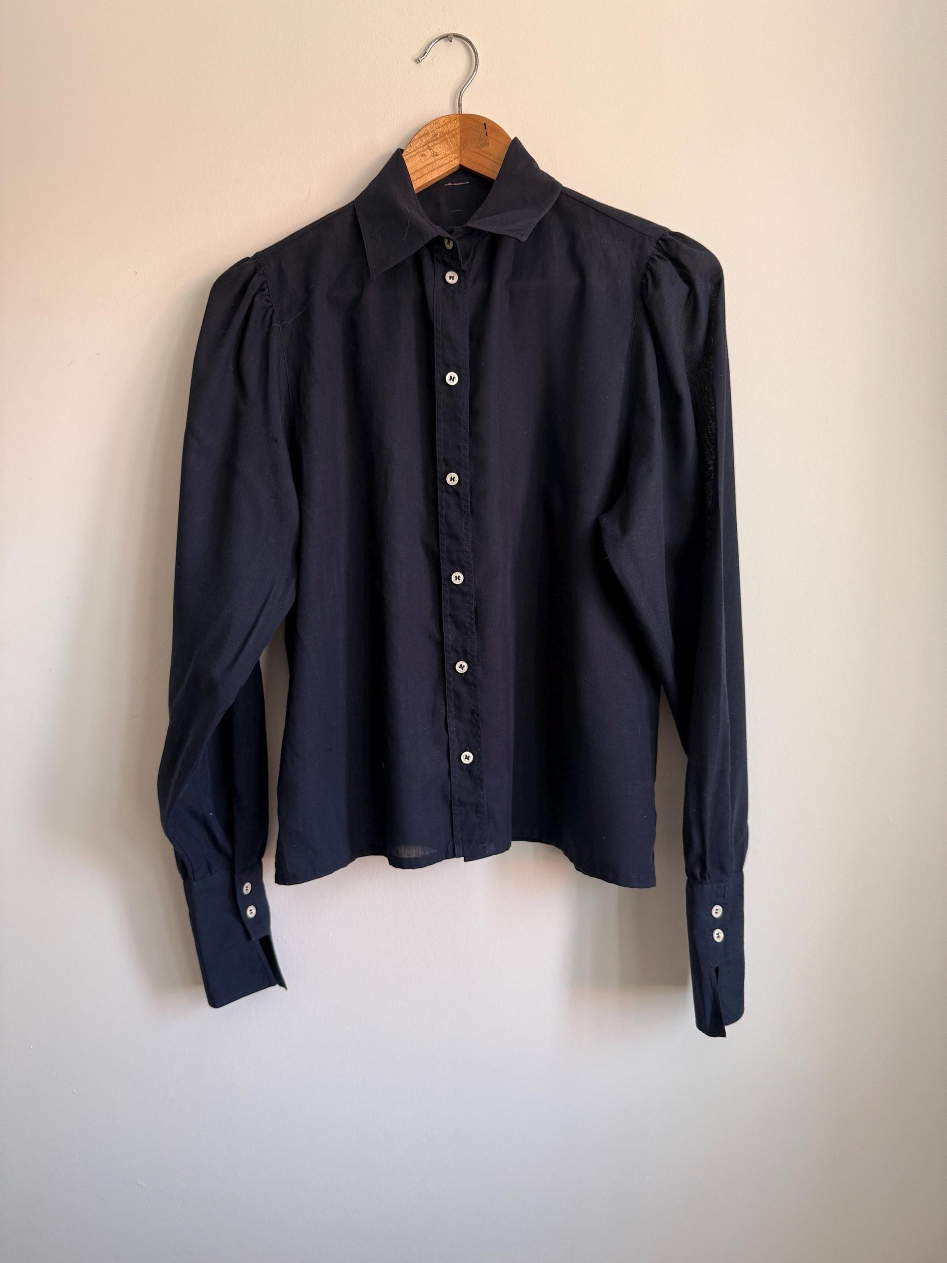 Vintage Navy Cotton Blouse | Puff Sleeve Shirt | 1980s Button Up Blouse | Peter Pan Style Collar | Smart Vintage Shirt