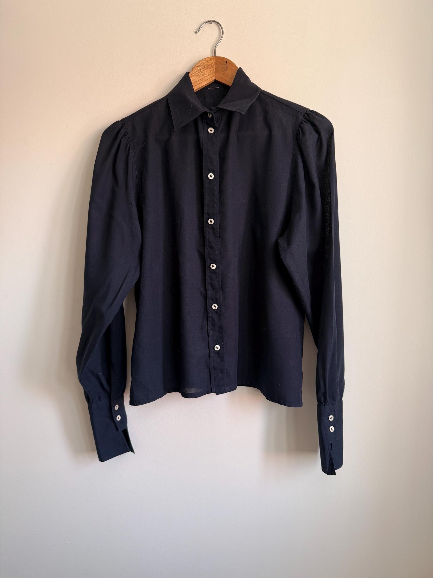 Vintage Navy Cotton Blouse | Puff Sleeve Shirt | 1980s Button Up Blouse | Peter Pan Style Collar | Smart Vintage Shirt