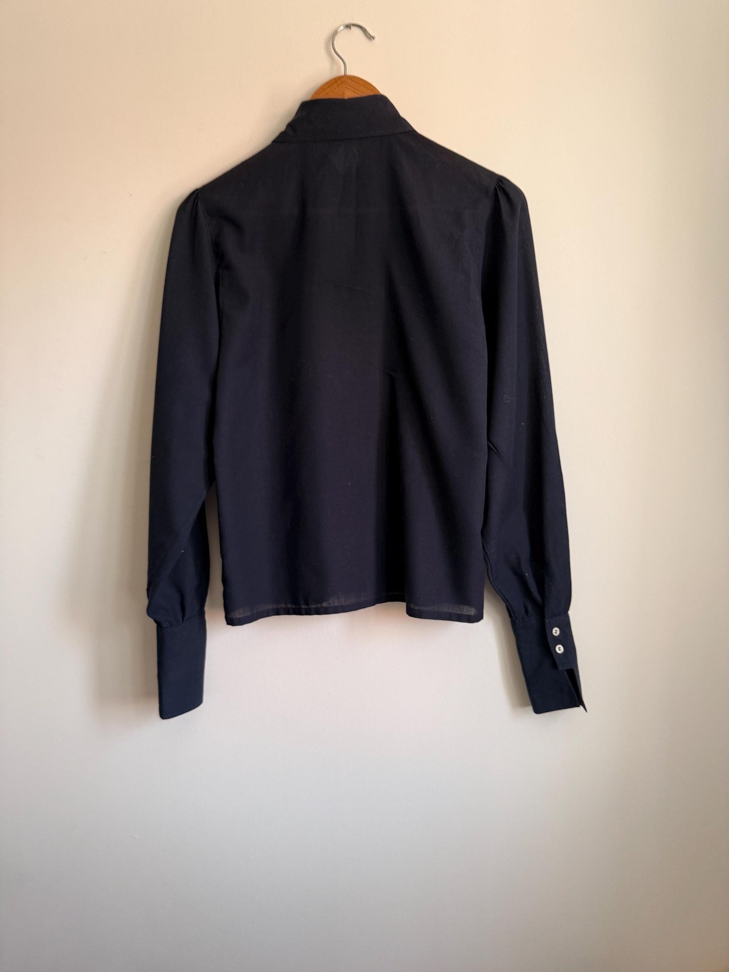 Vintage Navy Cotton Blouse | Puff Sleeve Shirt | 1980s Button Up Blouse | Peter Pan Style Collar | Smart Vintage Shirt