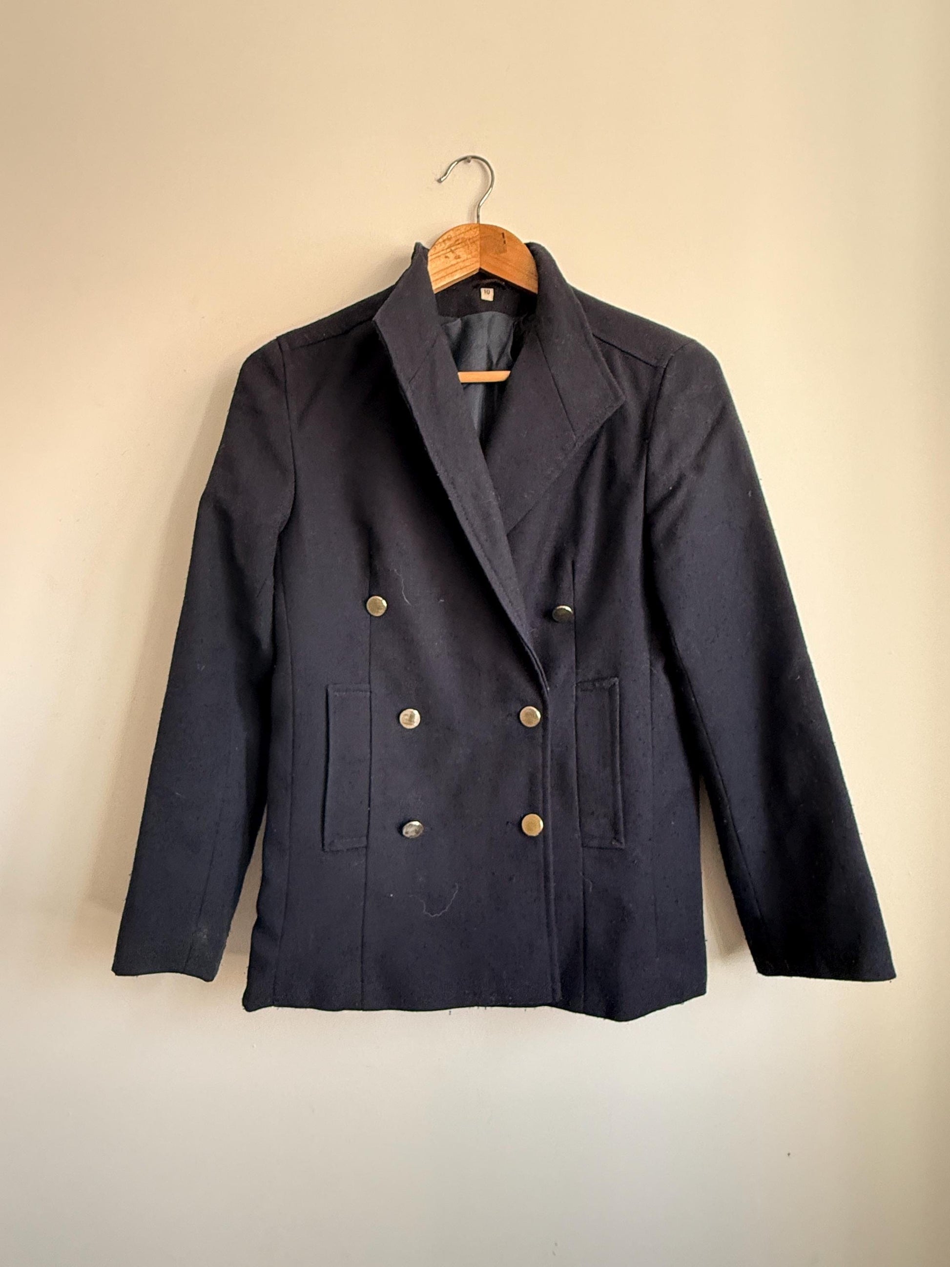 Vintage Navy Double Breasted Wool Blazer | Military Style Gold Button Jacket