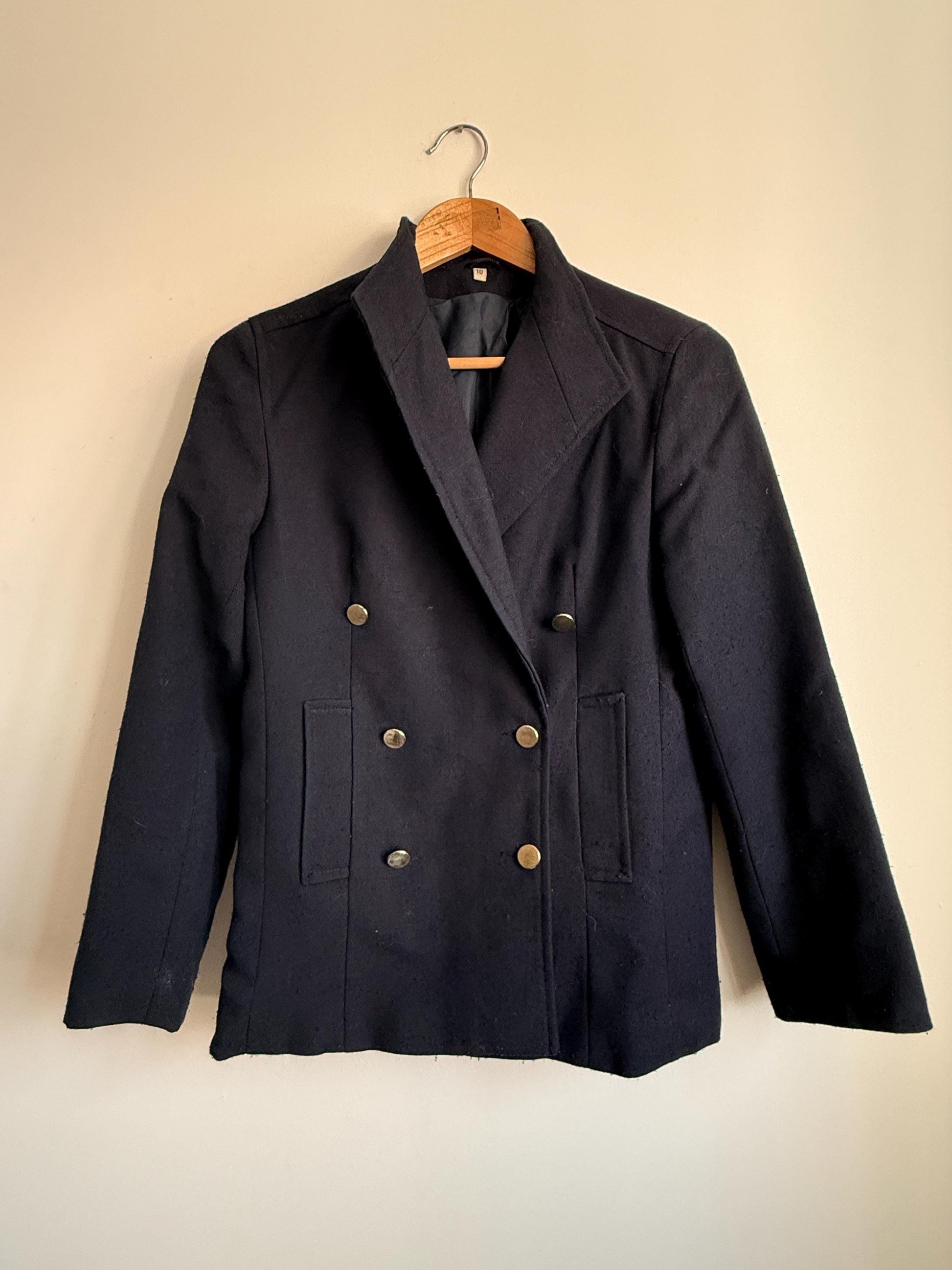 Vintage Navy Double Breasted Wool Blazer | Military Style Gold Button Jacket