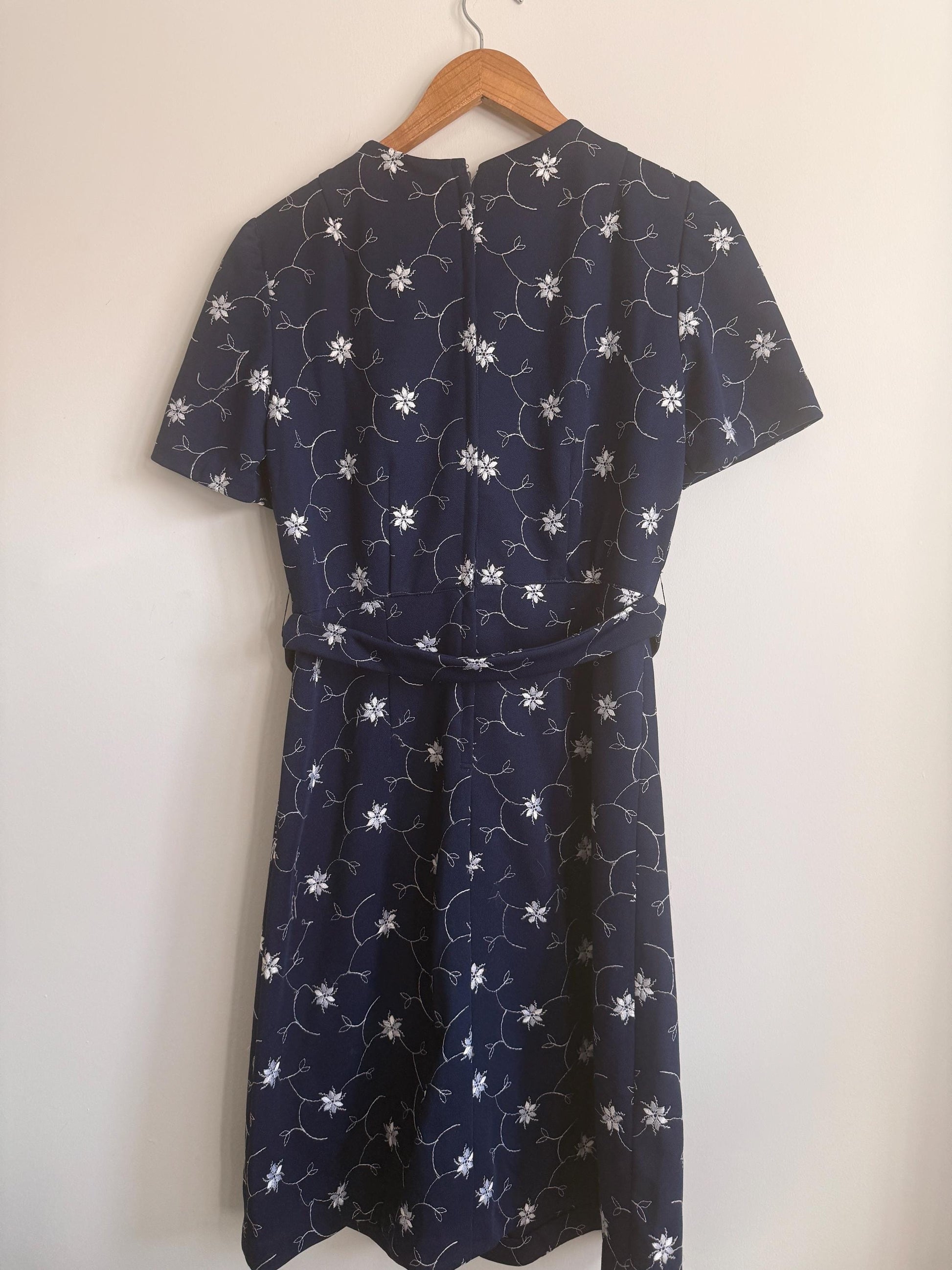 Vintage Navy Embroidered Dress | Floral Embroidery Dress | 1960s Occasion Dress | Belted Midi Dress | Cottagecore Dress | UK 10-12