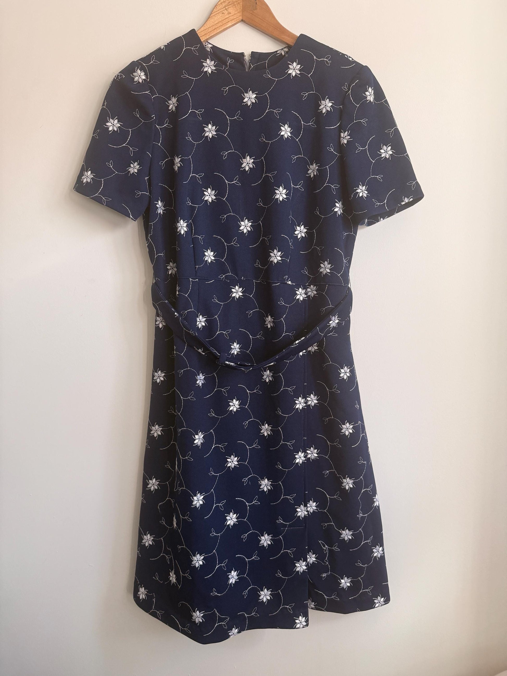 Vintage Navy Embroidered Dress | Floral Embroidery Dress | 1960s Occasion Dress | Belted Midi Dress | Cottagecore Dress | UK 10-12