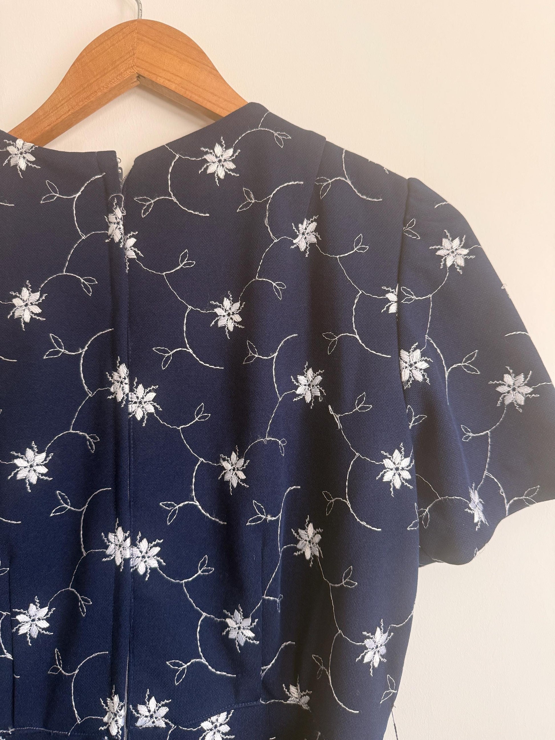 Vintage Navy Embroidered Dress | Floral Embroidery Dress | 1960s Occasion Dress | Belted Midi Dress | Cottagecore Dress | UK 10-12