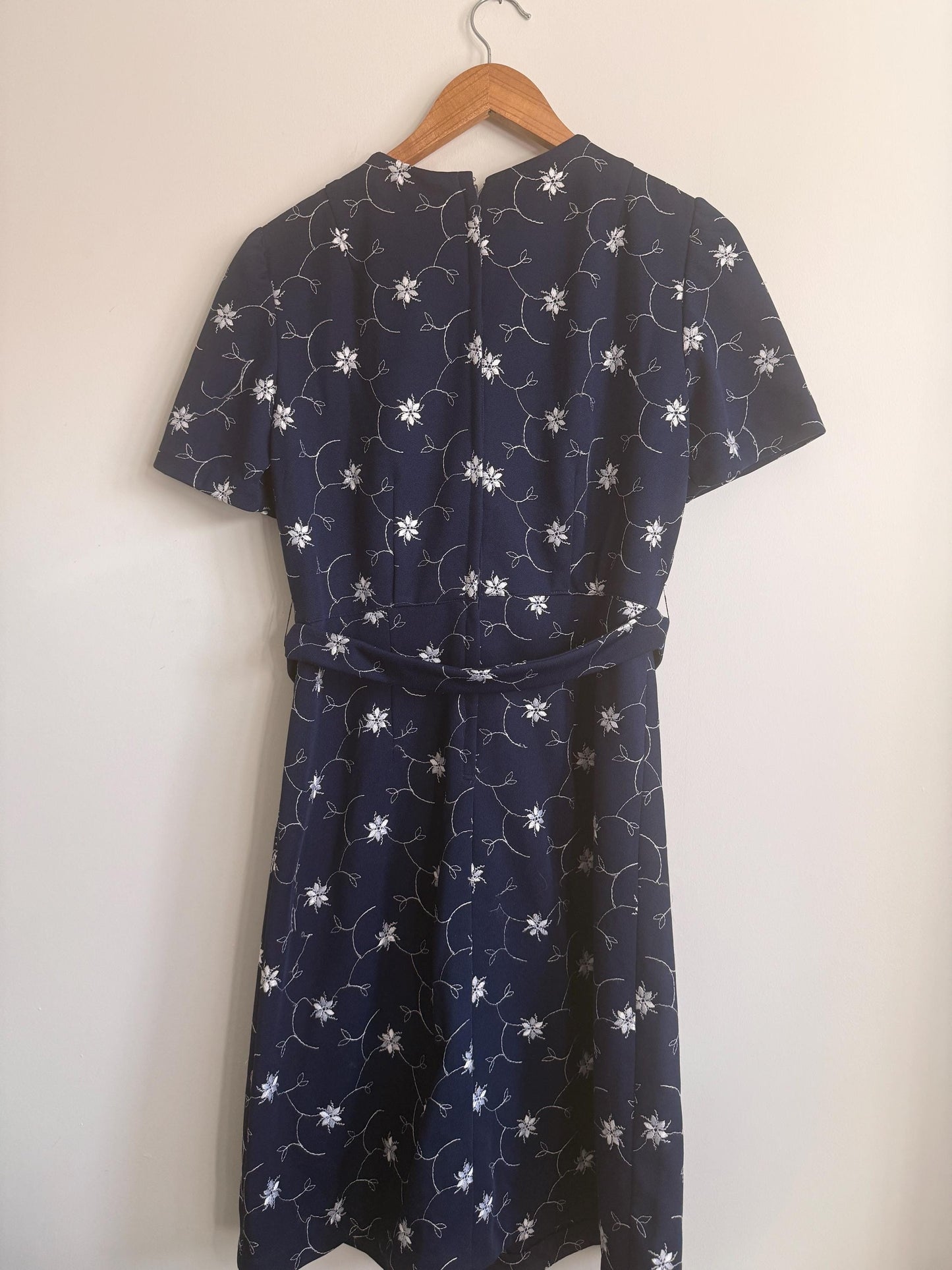 Vintage Navy Embroidered Dress | Floral Embroidery Dress | 1960s Occasion Dress | Belted Midi Dress | Cottagecore Dress | UK 10-12