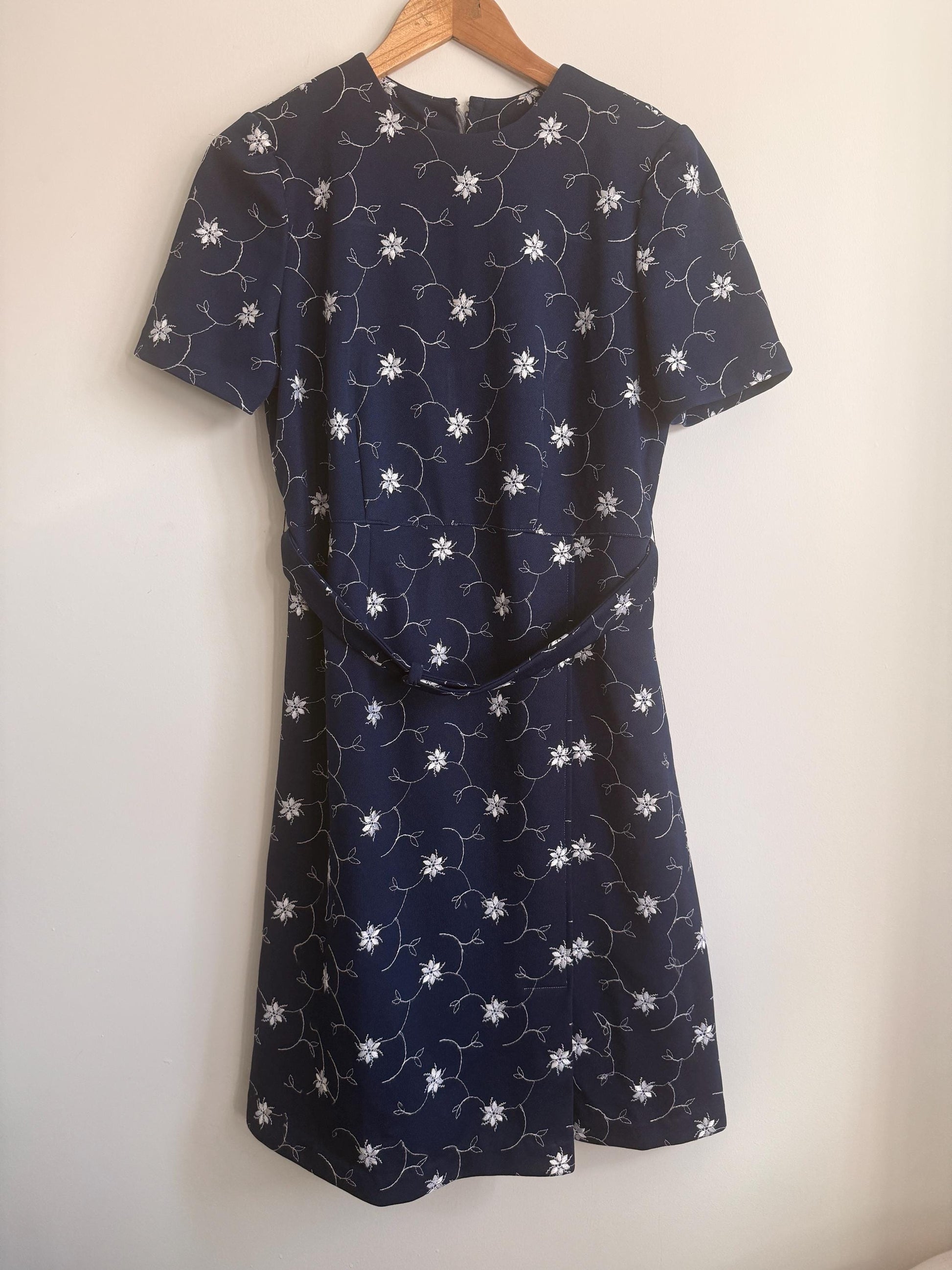 Vintage Navy Embroidered Dress | Floral Embroidery Dress | 1960s Occasion Dress | Belted Midi Dress | Cottagecore Dress | UK 10-12