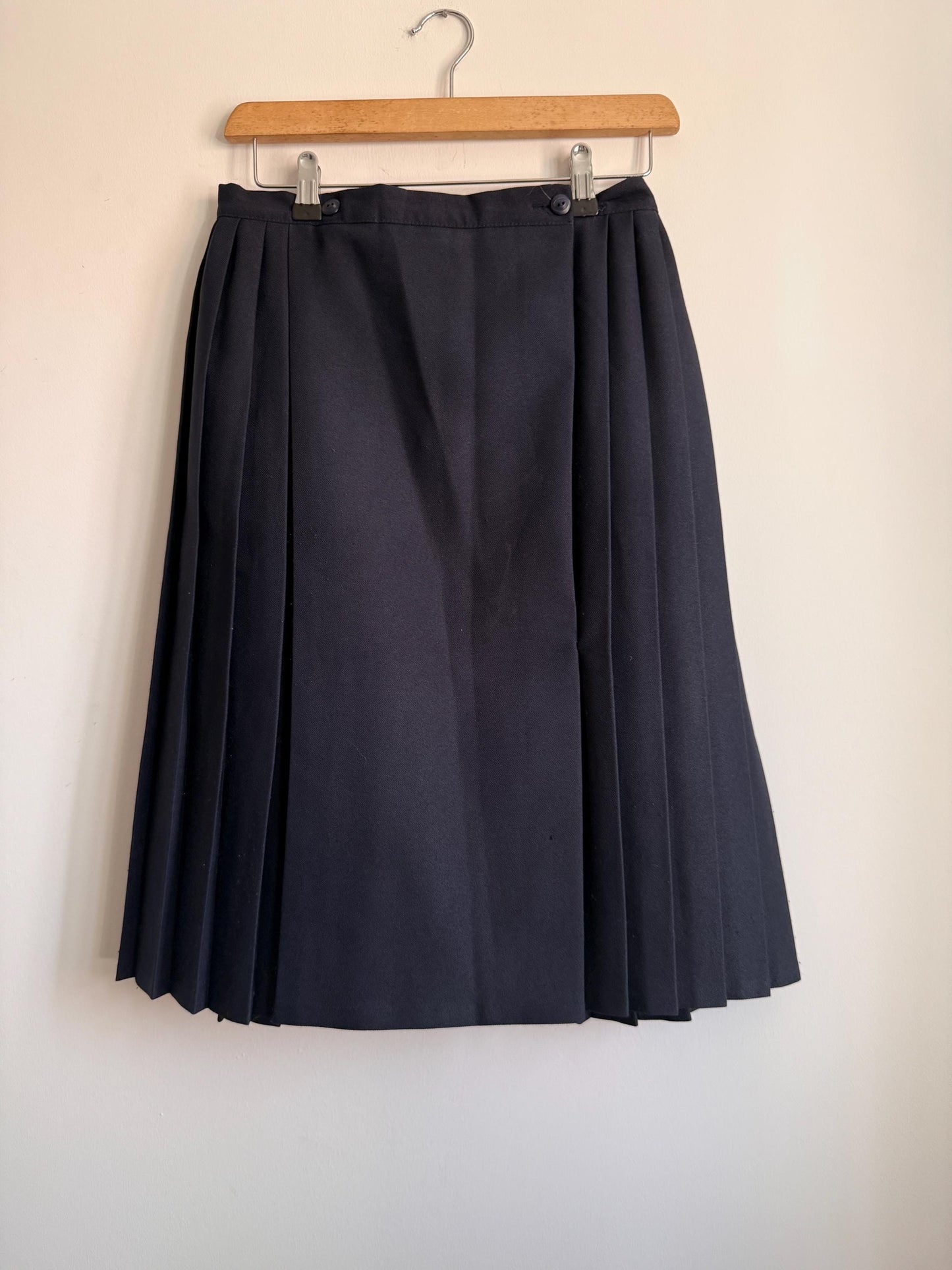 Vintage Navy Pleated Midi Wrap Skirt | Classic Schoolcore | UK 8-10