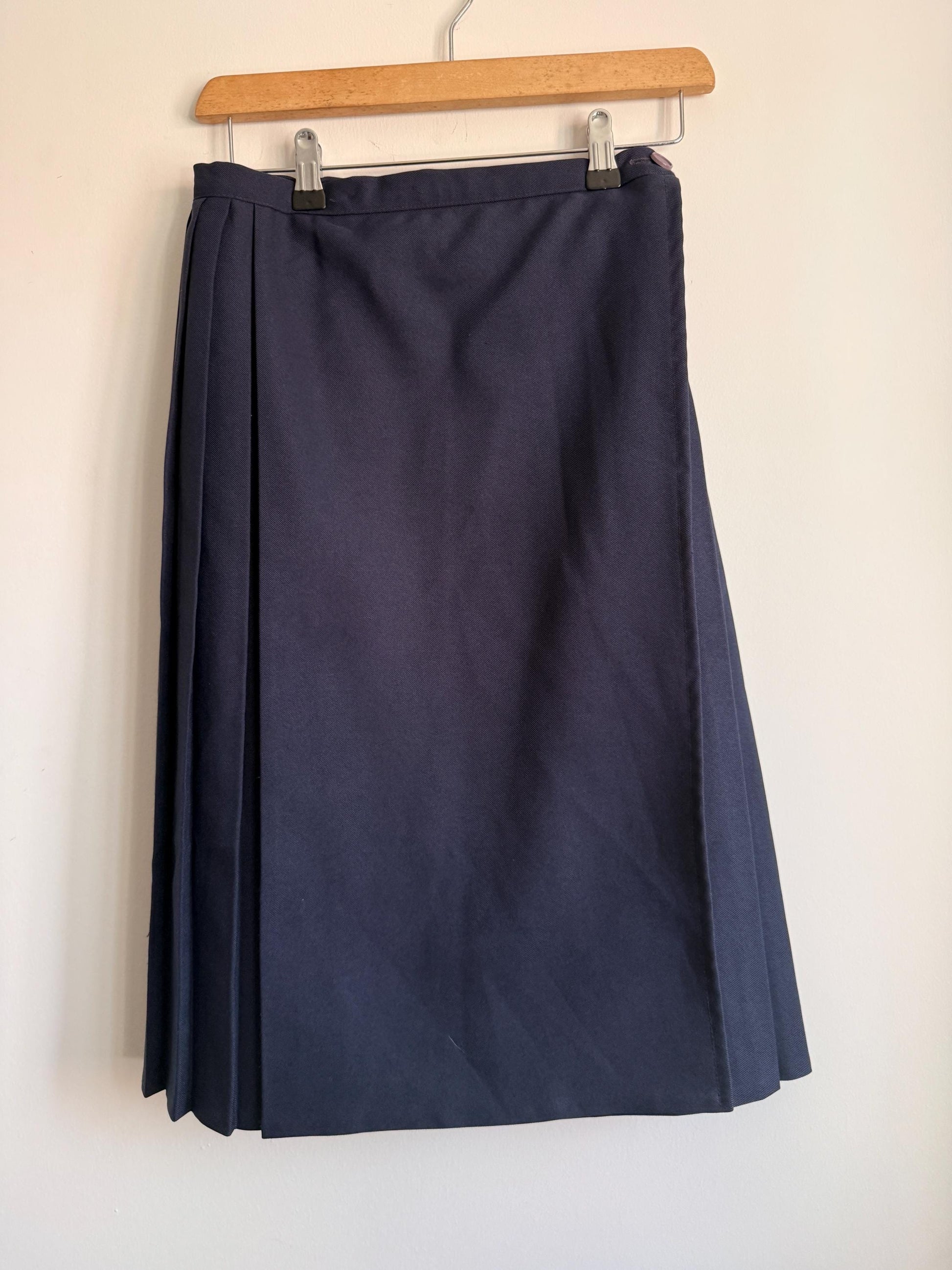 Vintage Navy Pleated Midi Wrap Skirt | Classic Schoolcore | UK 8-10