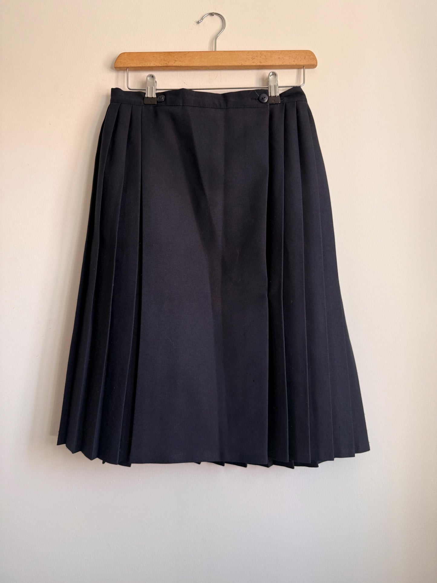 Vintage Navy Pleated Midi Wrap Skirt | Classic Schoolcore | UK 8-10