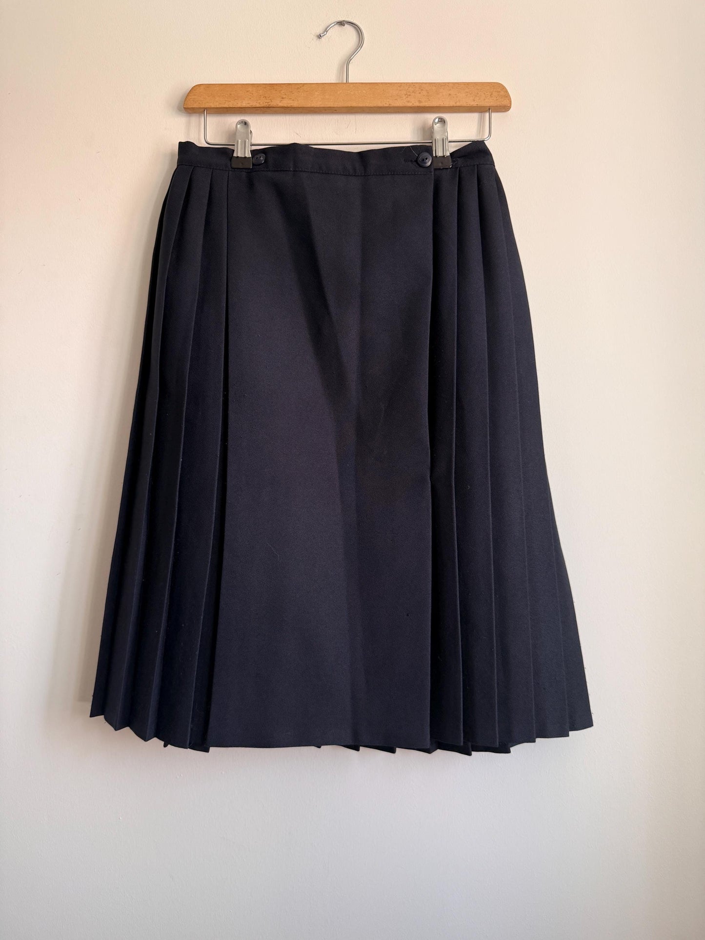 Vintage Navy Pleated Midi Wrap Skirt | Classic Schoolcore | UK 8-10