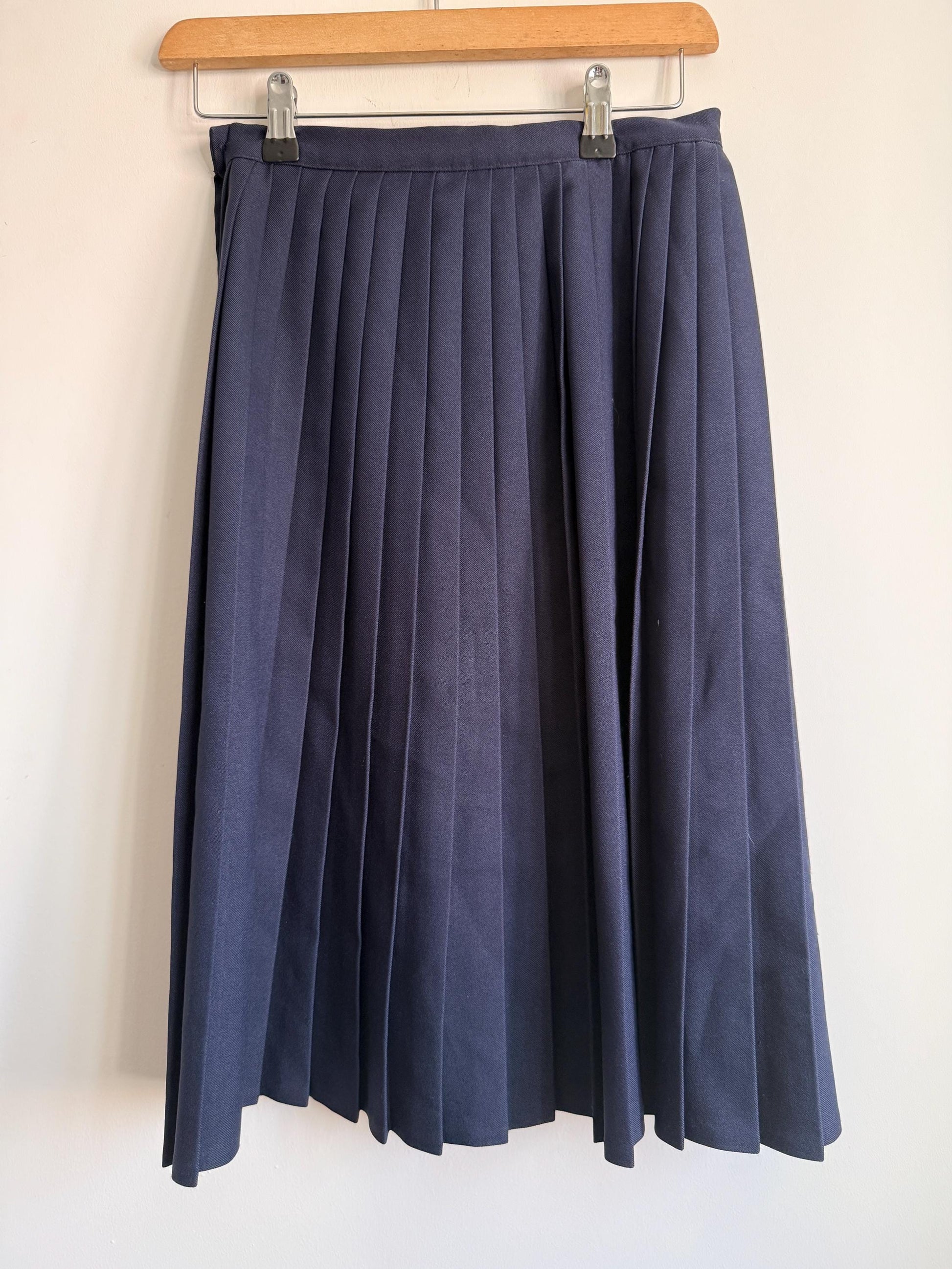 Vintage Navy Pleated Midi Wrap Skirt | Classic Schoolcore | UK6-8