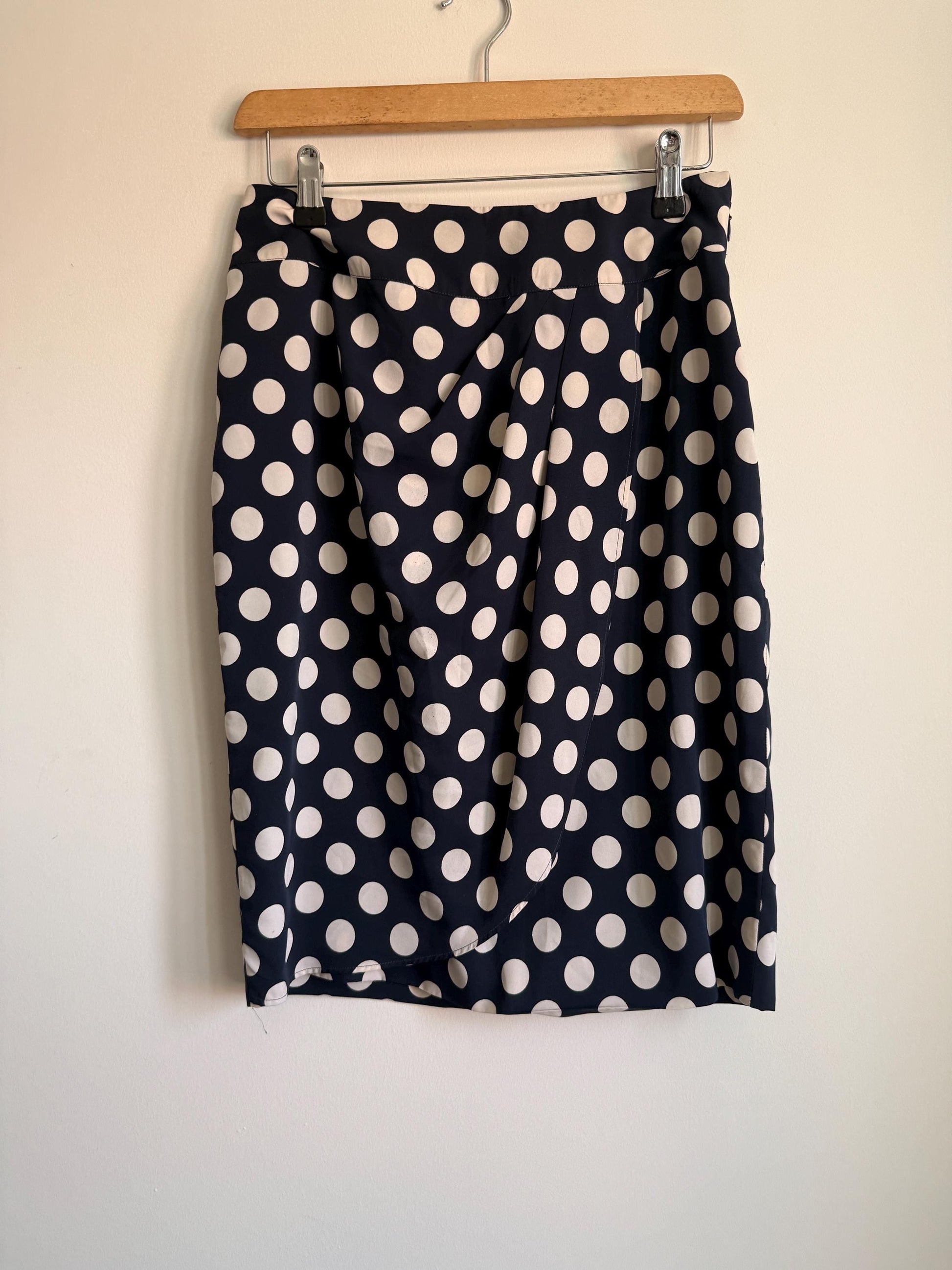 Vintage Navy Polka Dot Wrap Skirt | 1980s Midi Skirt | White Spot Print | Classic Smart Skirt | Cottagecore | Women's Vintage