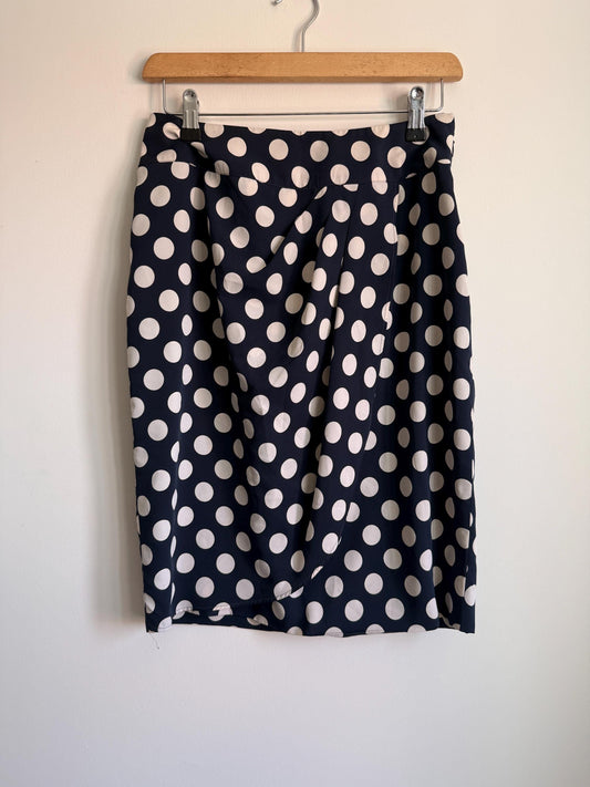 Vintage Navy Polka Dot Wrap Skirt | 1980s Midi Skirt | White Spot Print | Classic Smart Skirt | Cottagecore | Women's Vintage