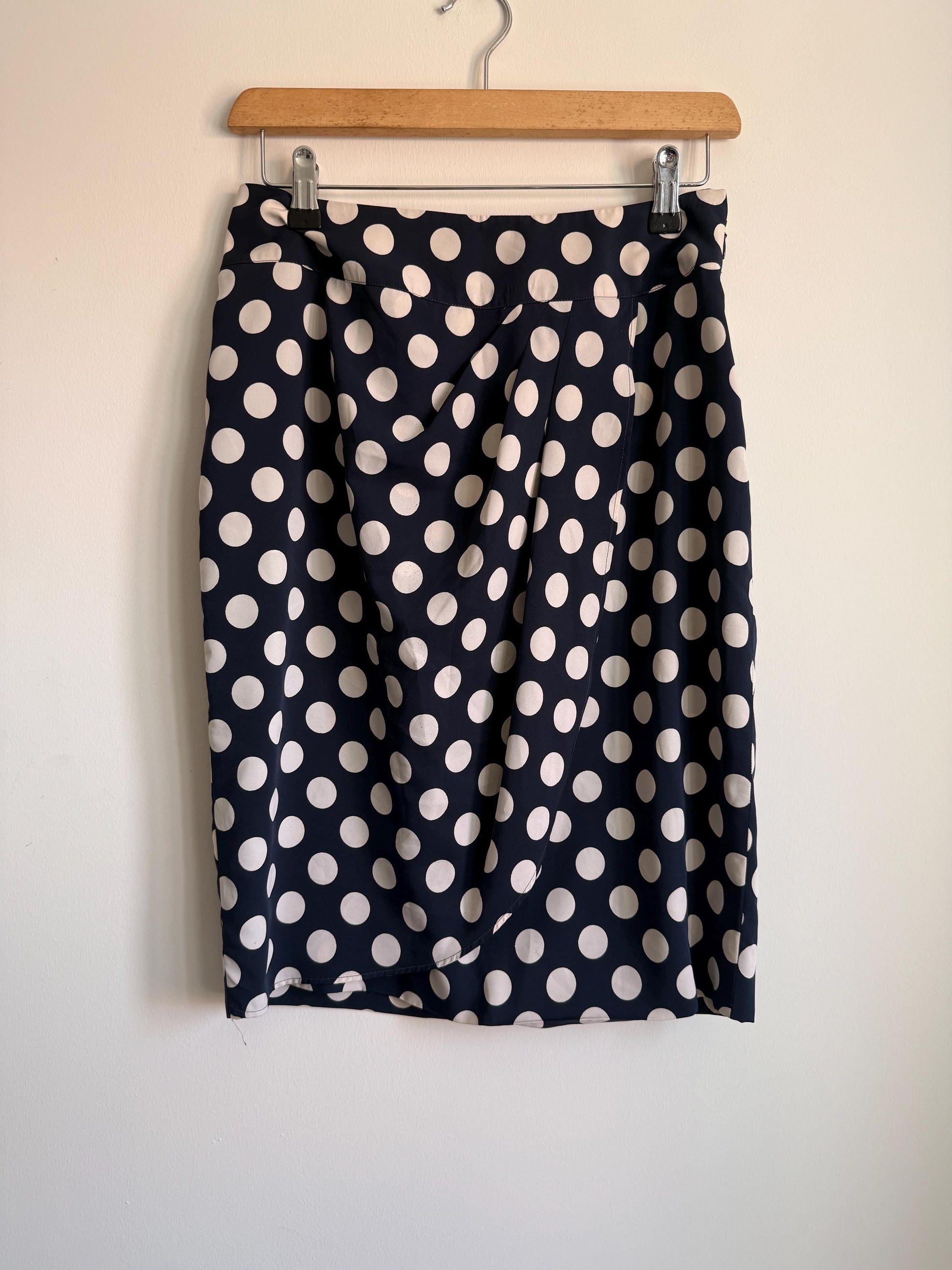 Vintage Navy Polka Dot Wrap Skirt | 1980s Midi Skirt | White Spot Print | Classic Smart Skirt | Cottagecore | Women's Vintage