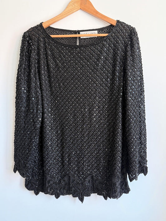Vintage Niteline by Della Roufogali Black Beaded Evening Top Sequin Blouse 1980s Cocktail Party Top Art Deco Beaded Blouse Glamorous Vintage