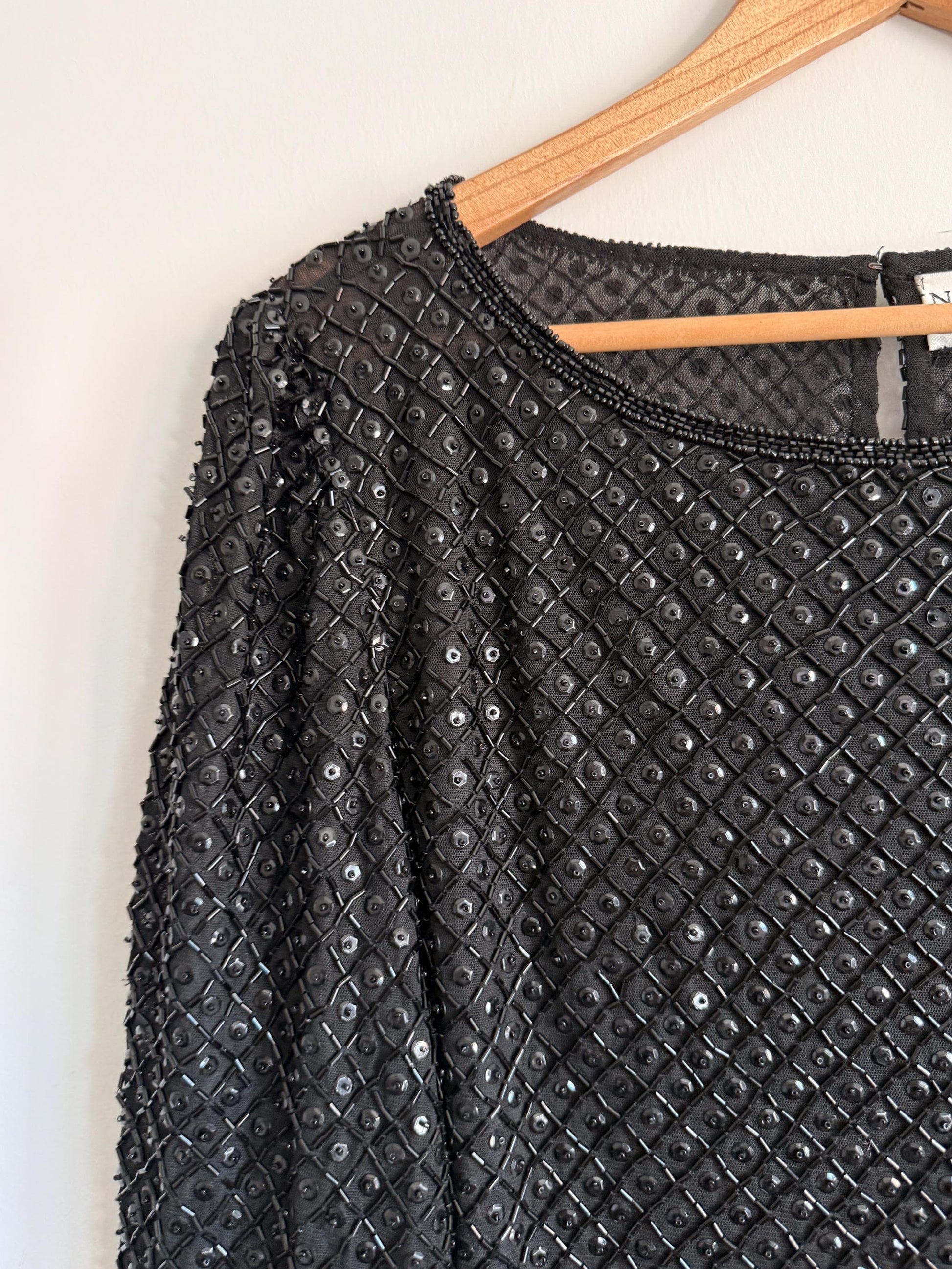 Vintage Niteline by Della Roufogali Black Beaded Evening Top Sequin Blouse 1980s Cocktail Party Top Art Deco Beaded Blouse Glamorous Vintage