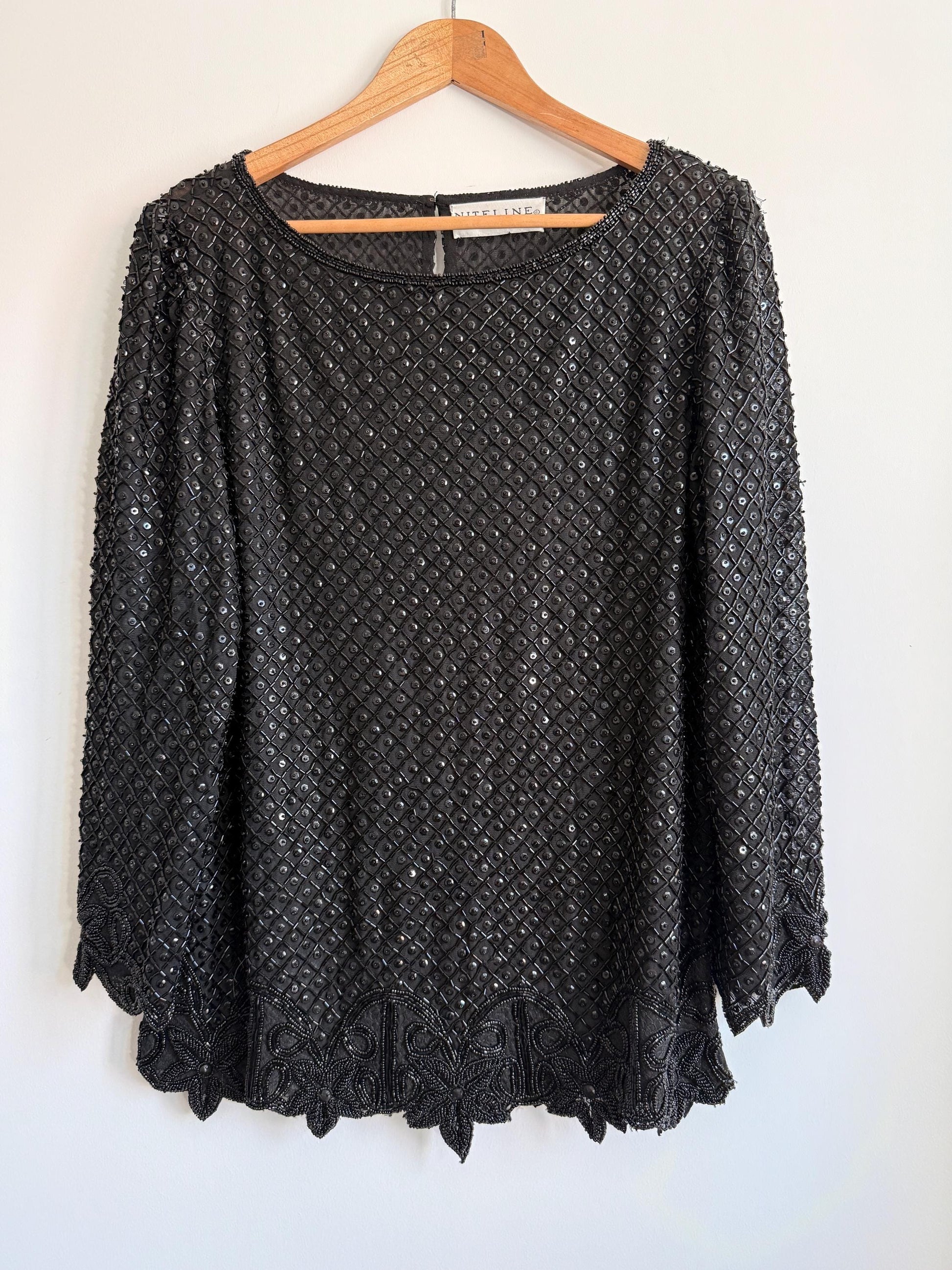 Vintage Niteline by Della Roufogali Black Beaded Evening Top Sequin Blouse 1980s Cocktail Party Top Art Deco Beaded Blouse Glamorous Vintage